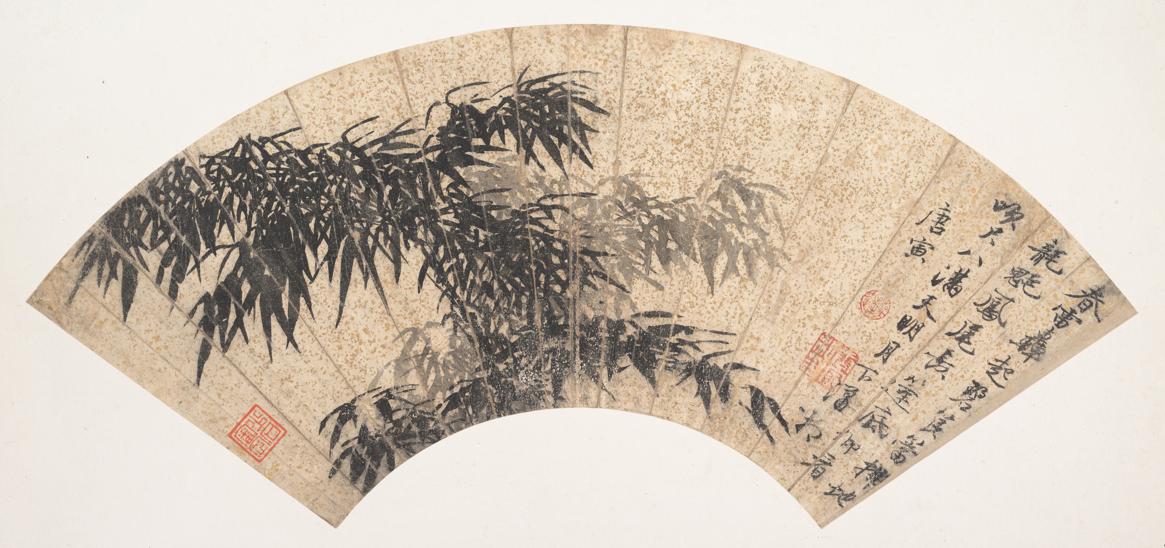 明代唐陰春雷墨竹絵扇子 |春の雷雨の中の竹