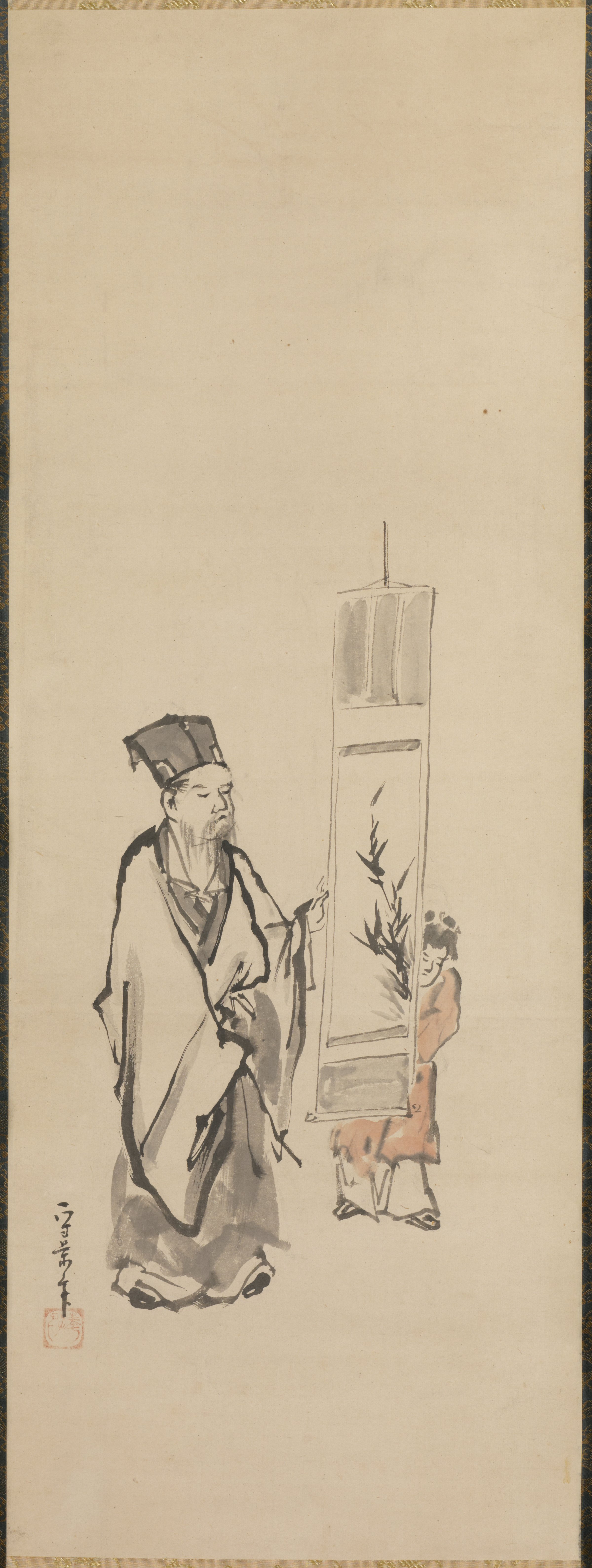 絵を鑑賞する文人（「文人、鷺、九官鳥」三幅対の中幅）