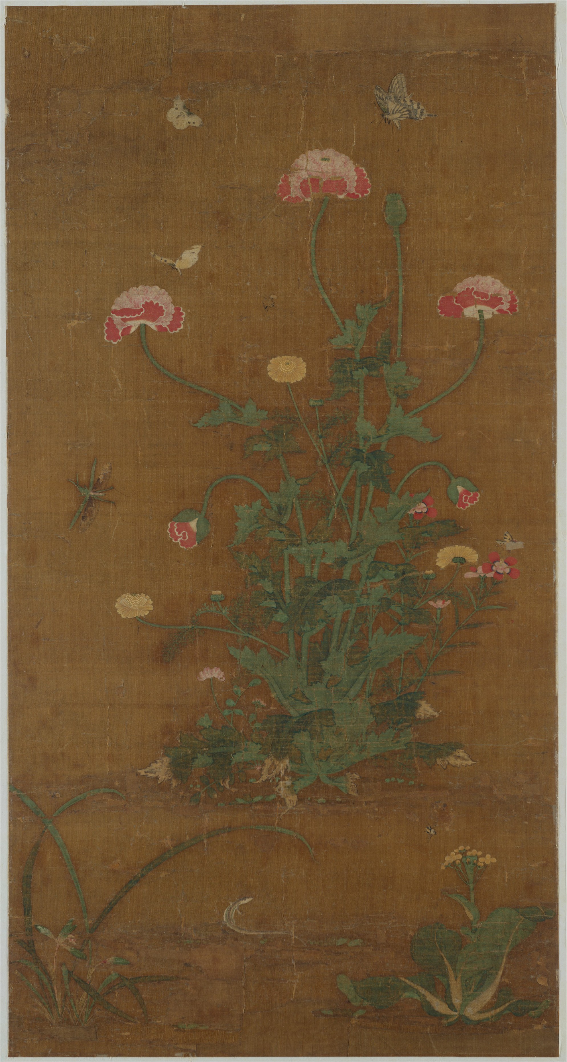 元/明時代の魯景福の花と蝶の軸|花
