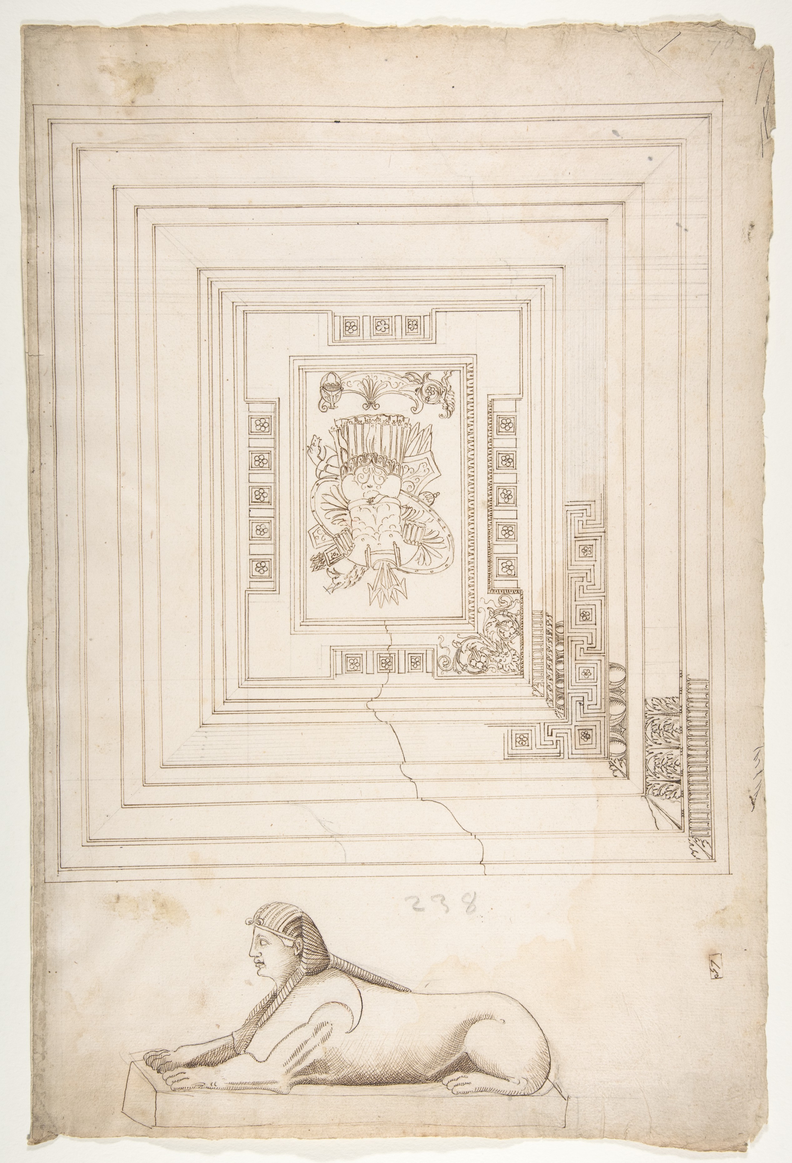 Palazzo dei Conservatori、格天井、天井平面図と詳細。スフィンクス、斜視図 （表） 空白（裏面）