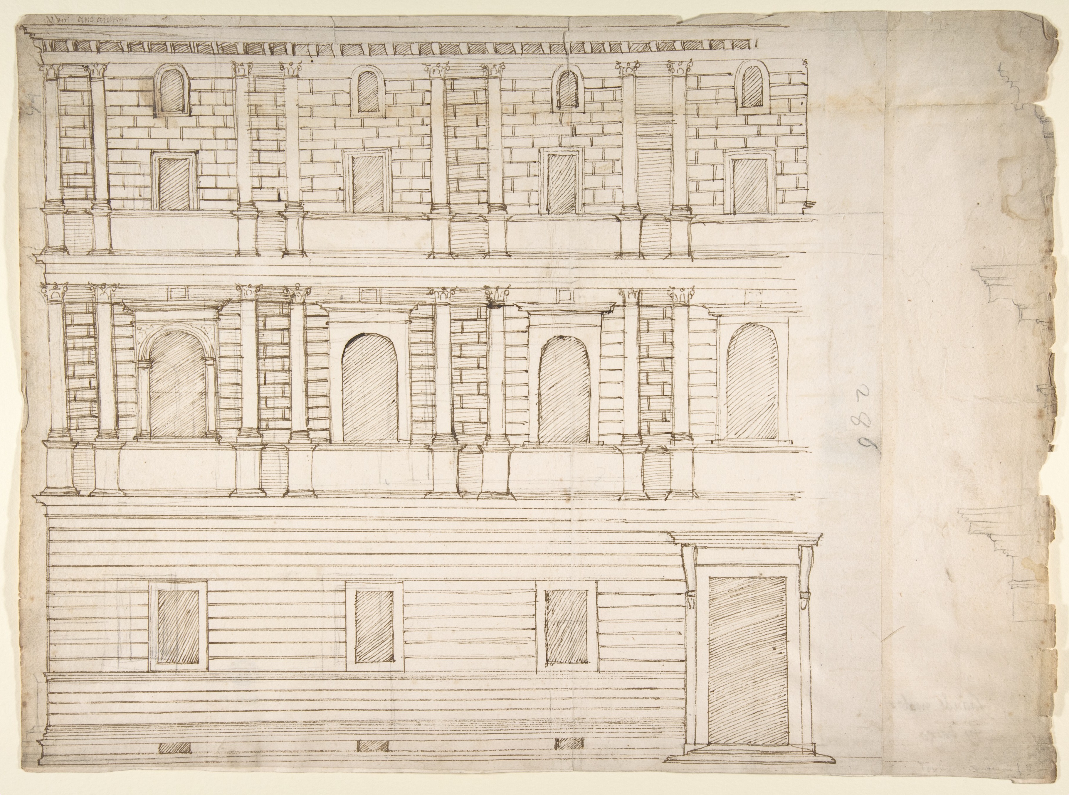 Palazzo Giroud Torlioni、立面図、コーニスの詳細（表） 計算表（裏面）