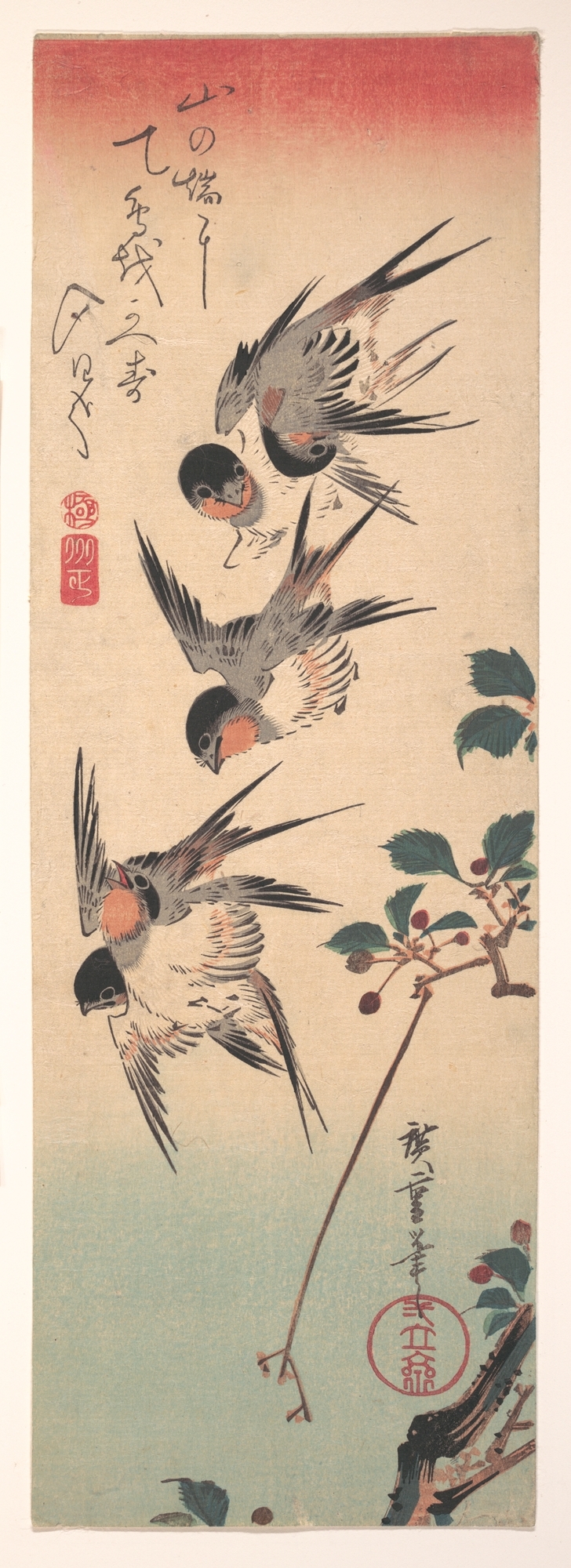 歌川広重画  山桜に燕