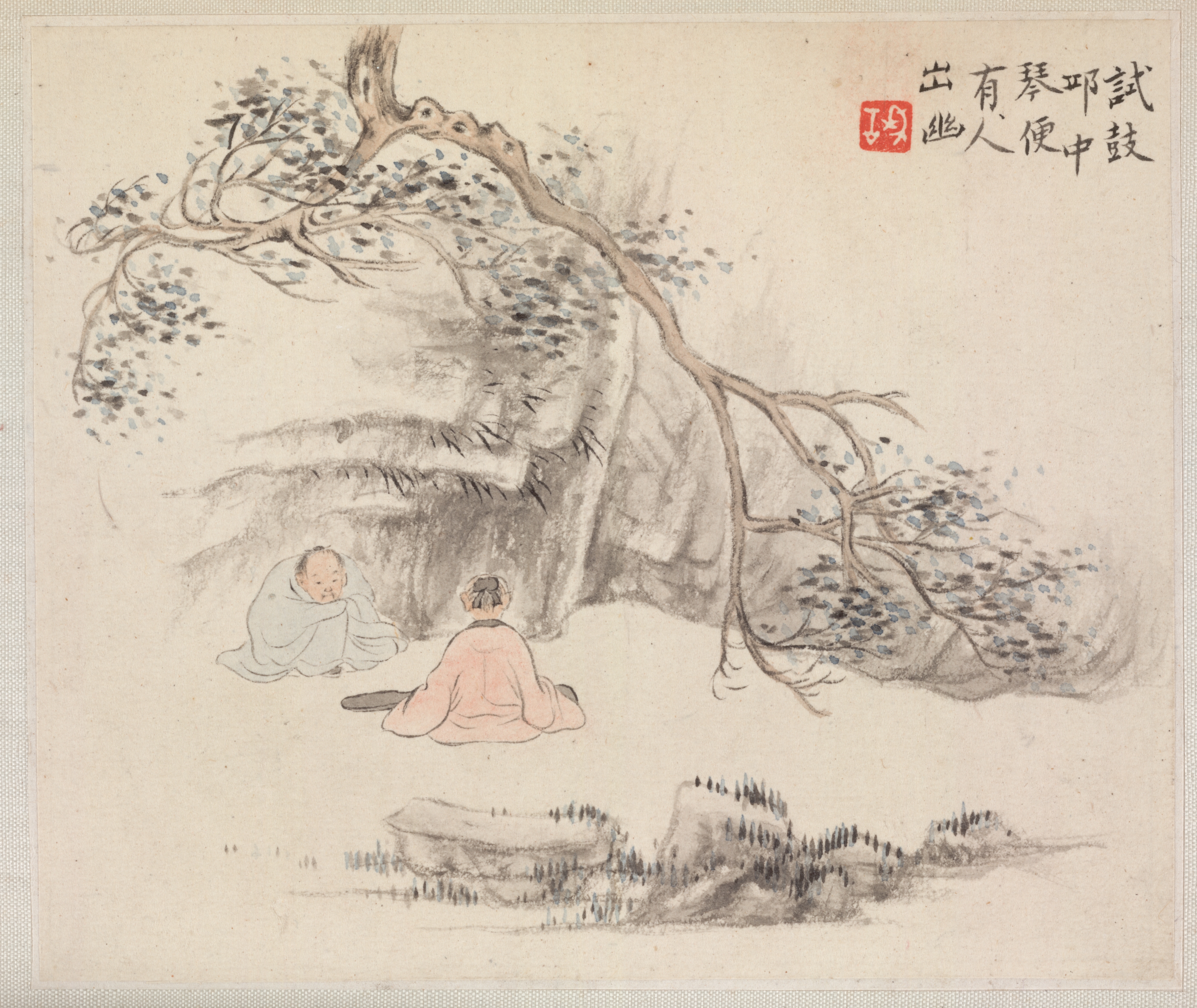 古詩意山水画冊：聴琴