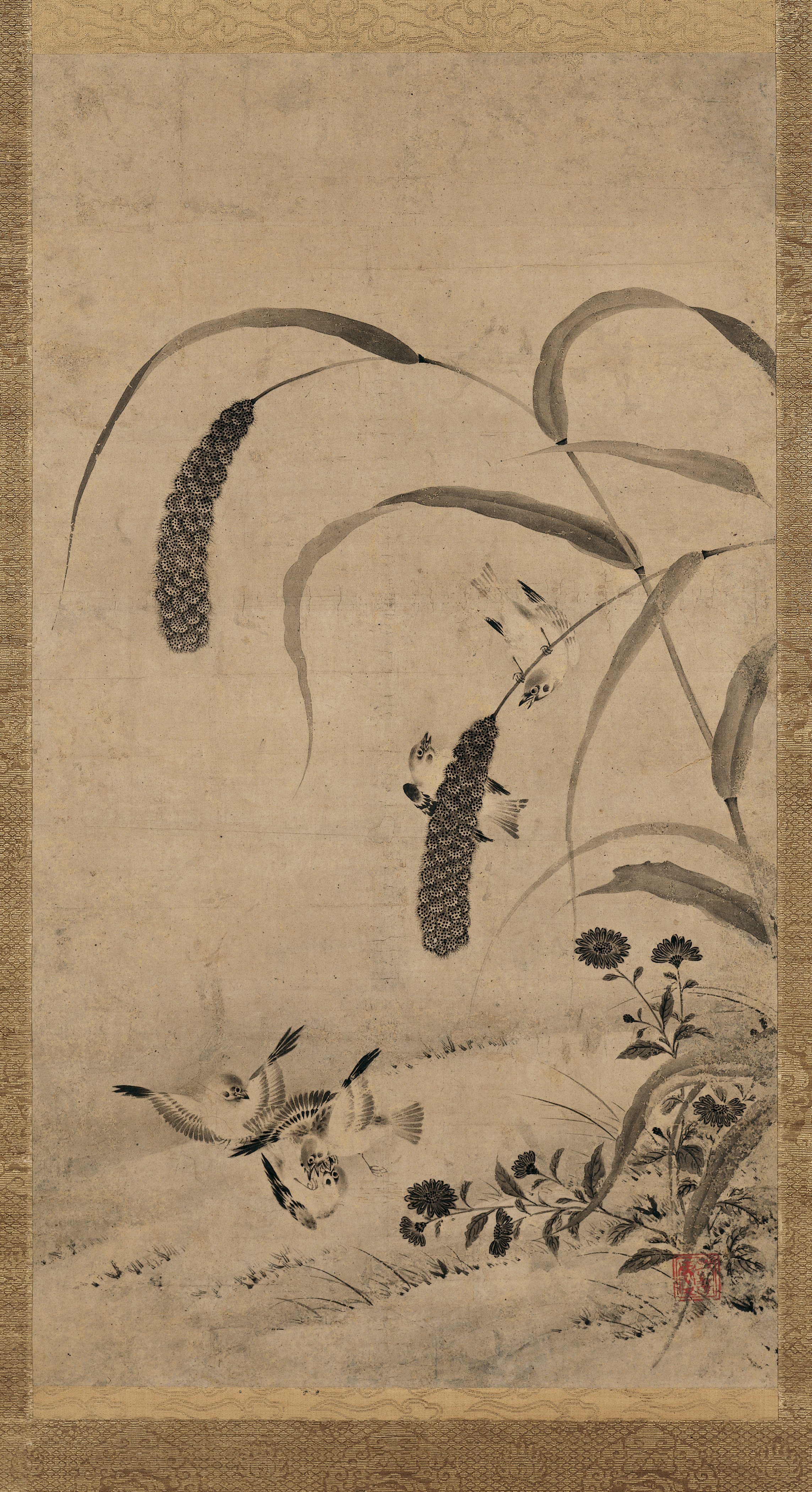 粟と野菊に雀
