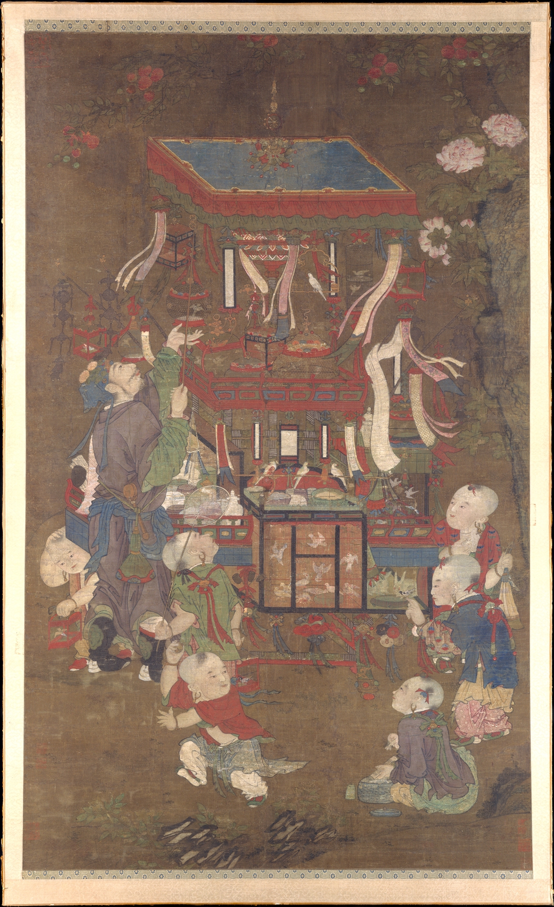 明代匿名 絹本彩色 鳥行商軸|鳥行商