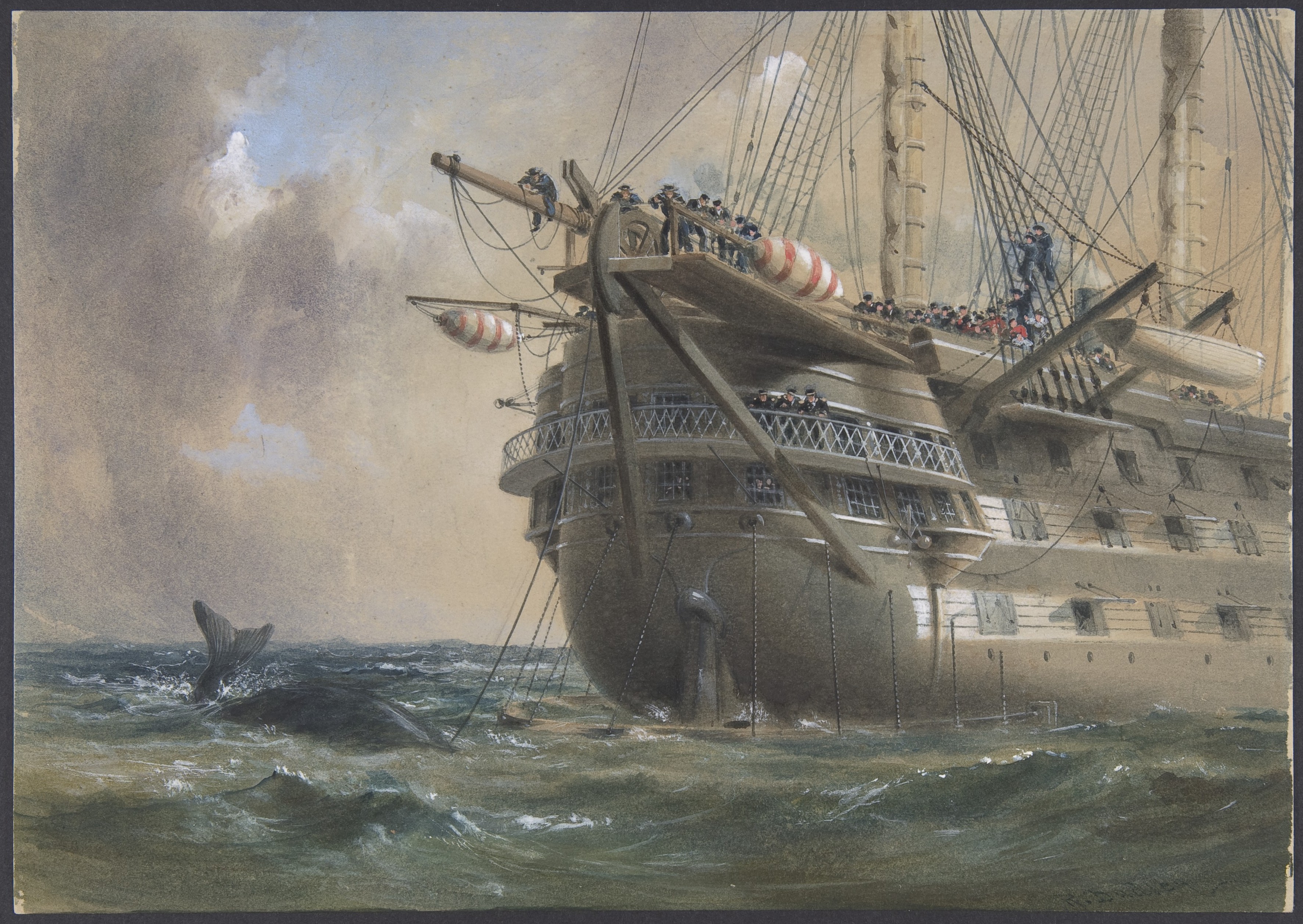 H.M.S. 1858 年に大西洋電信ケーブルを敷設するアガメムノン: クジラが線を越える