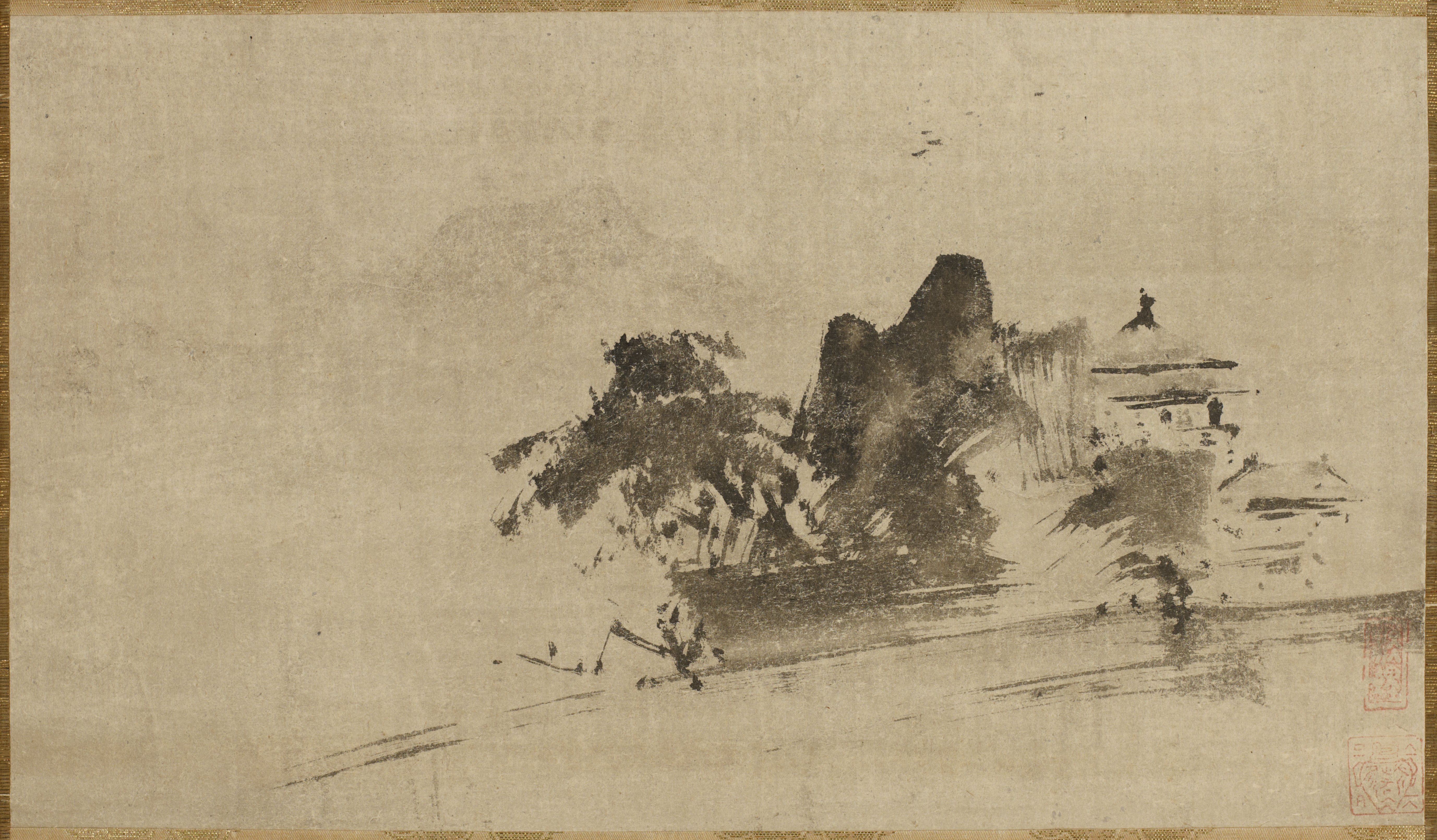山と木々のある寺院