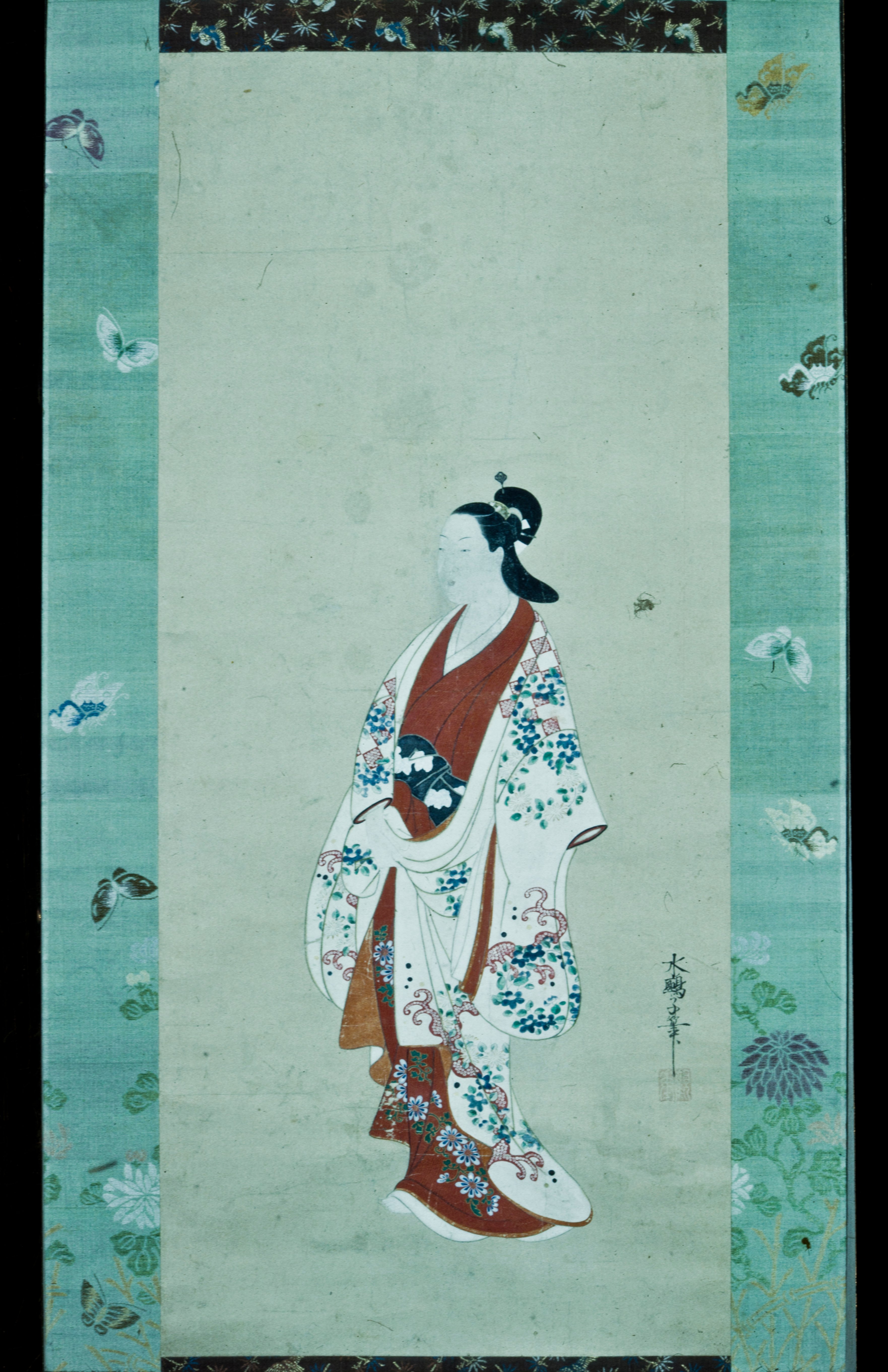 波と花の文様の着物を着た遊女立姿