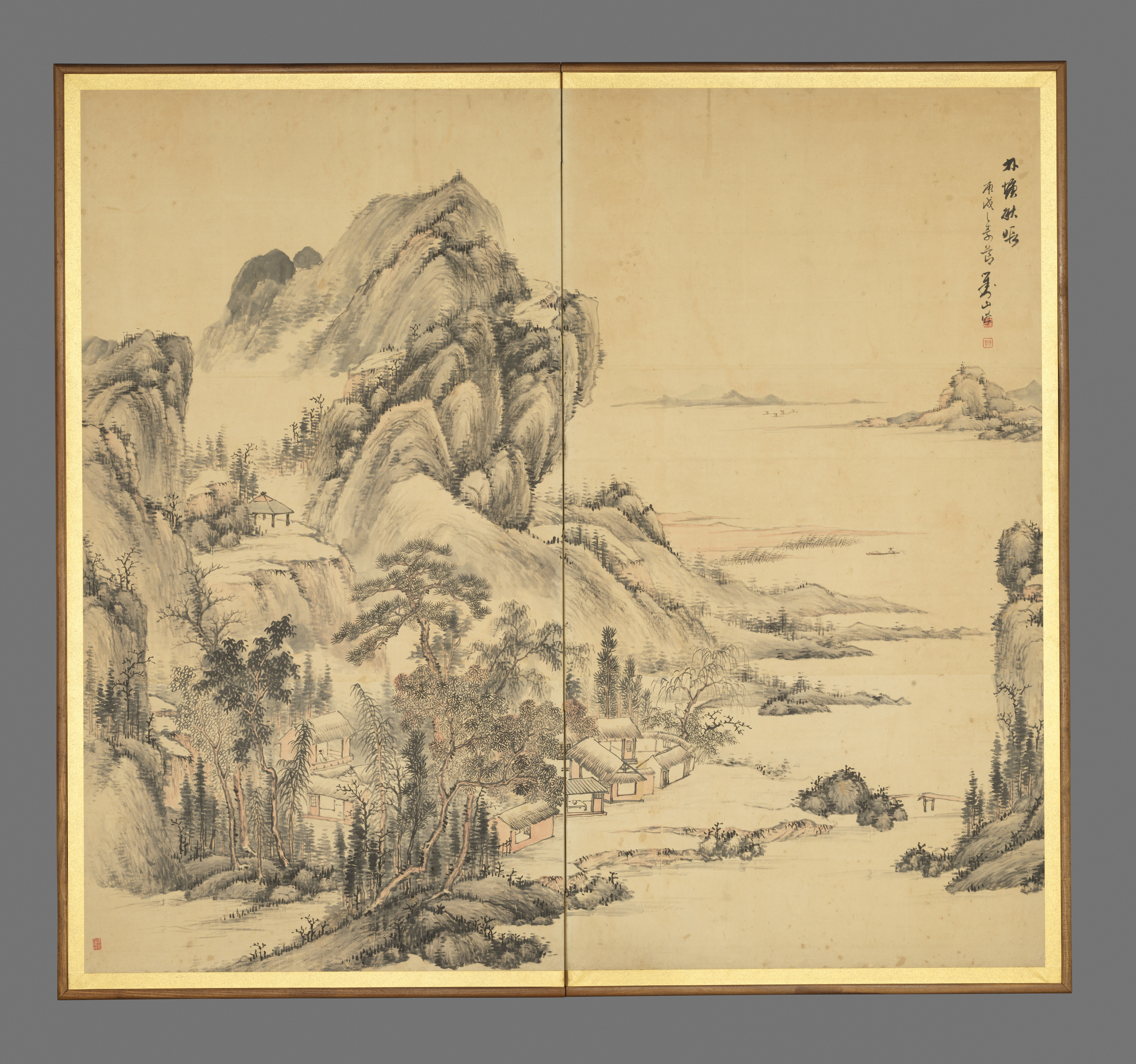 「秋の湖畔の木立でのんびり」