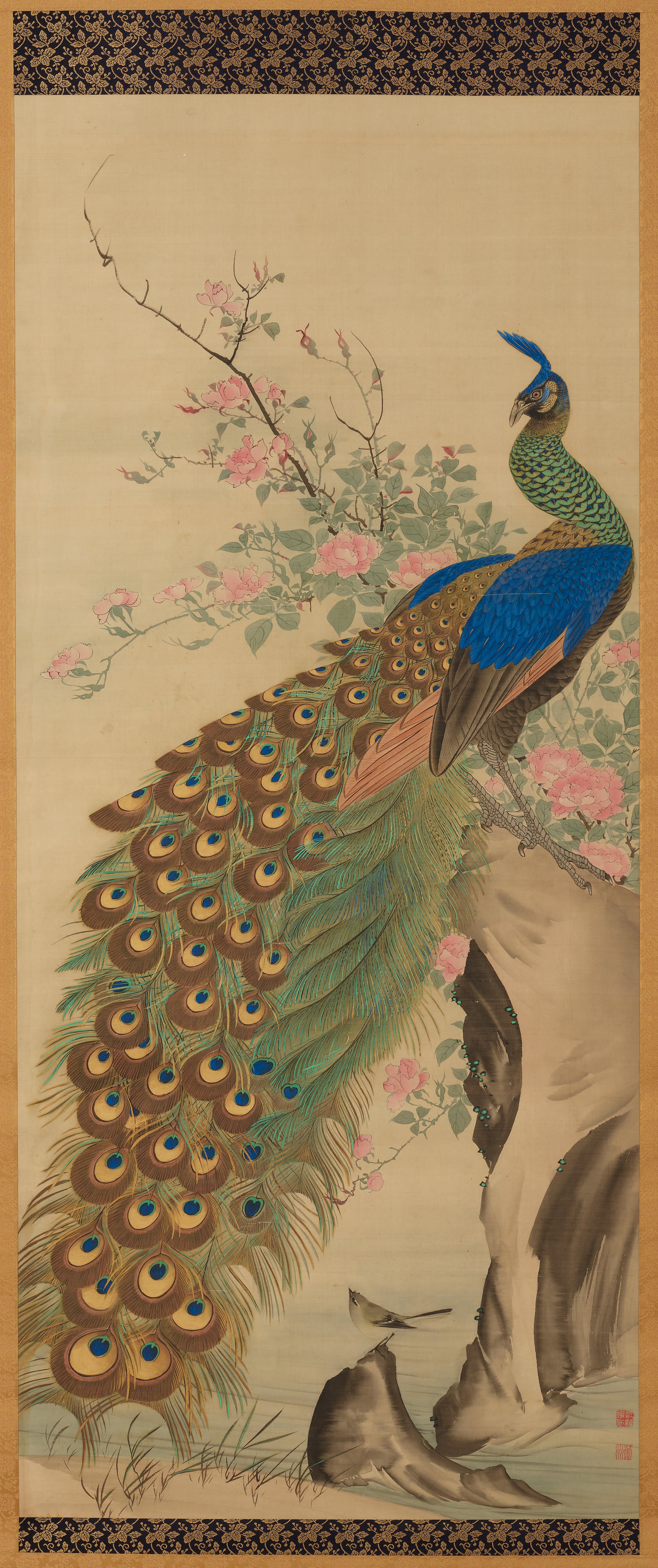 孔雀と花（「花鳥図」一対の右隻）