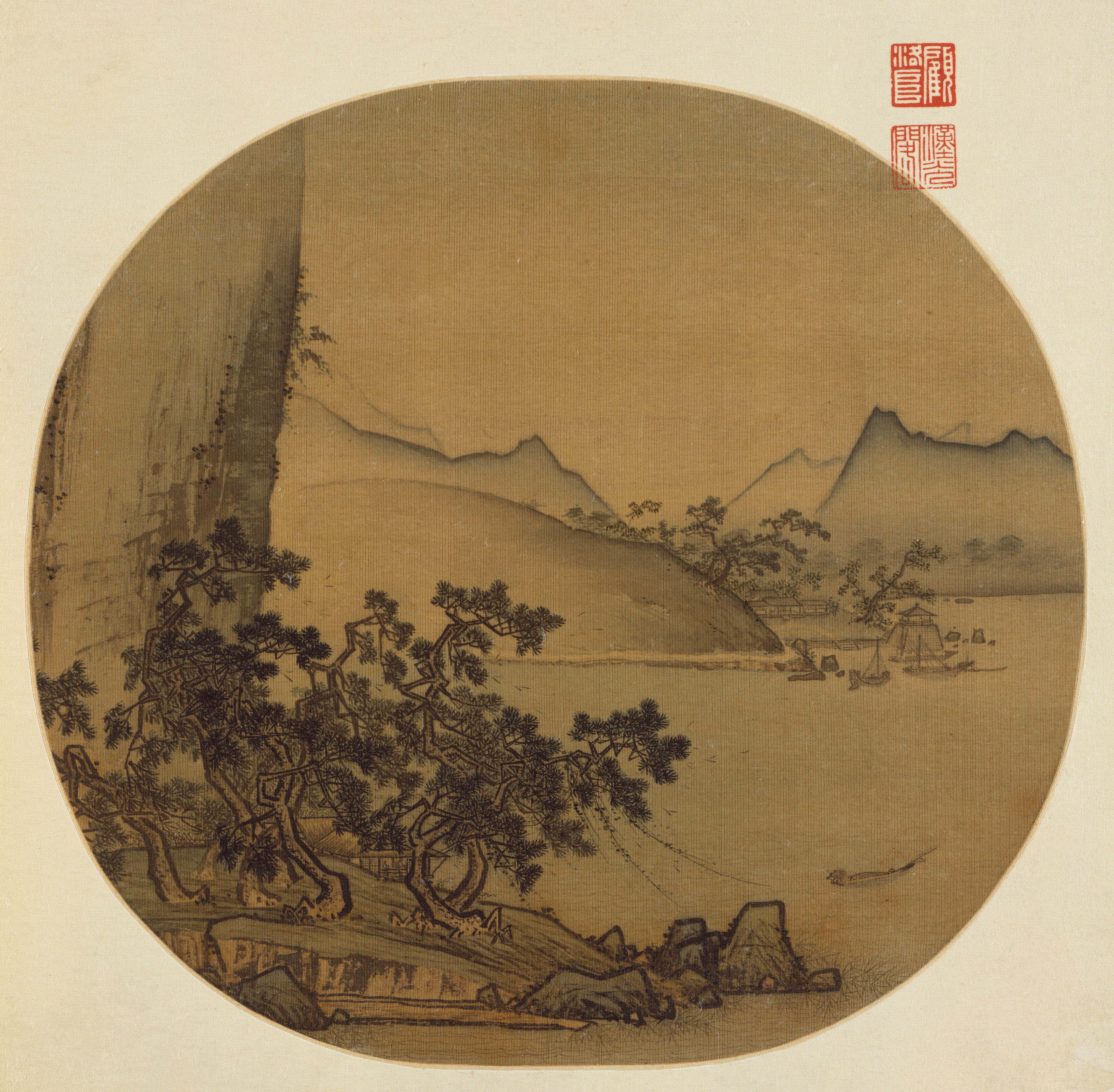 南宋時代の匿名の古い伝説 厳慈宇の風雨の中で舟を編む絵 トゥアン・ファン | 南宋時代の匿名の古い伝説風と雨の中で係留されたボート
