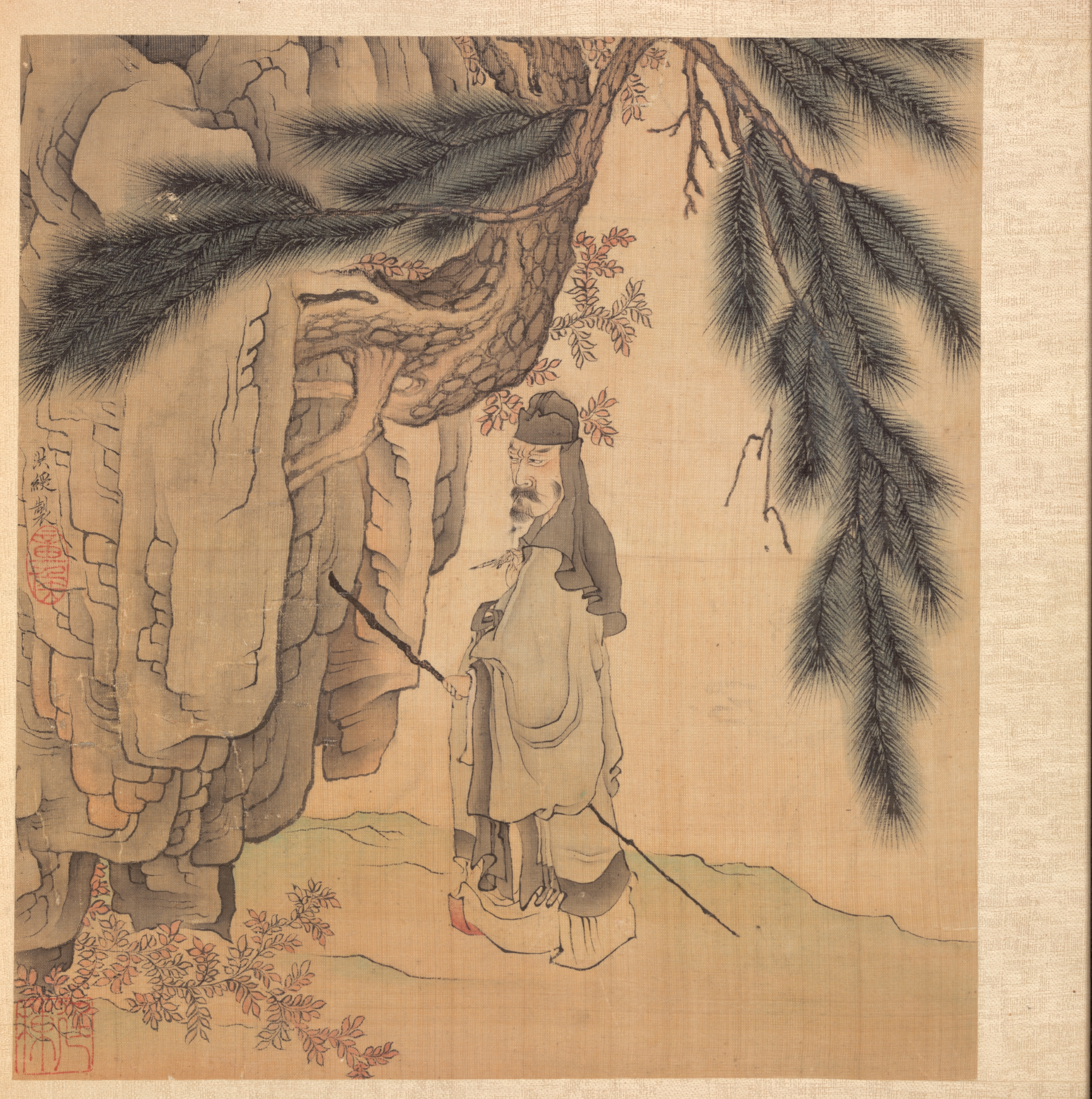 倣古画冊：杖と筆を持つ文人