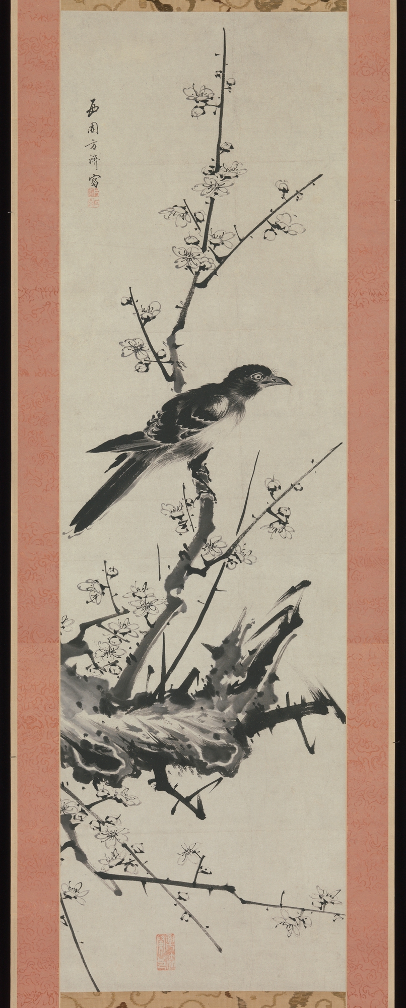 西園方済筆　梅に叭叭鳥図