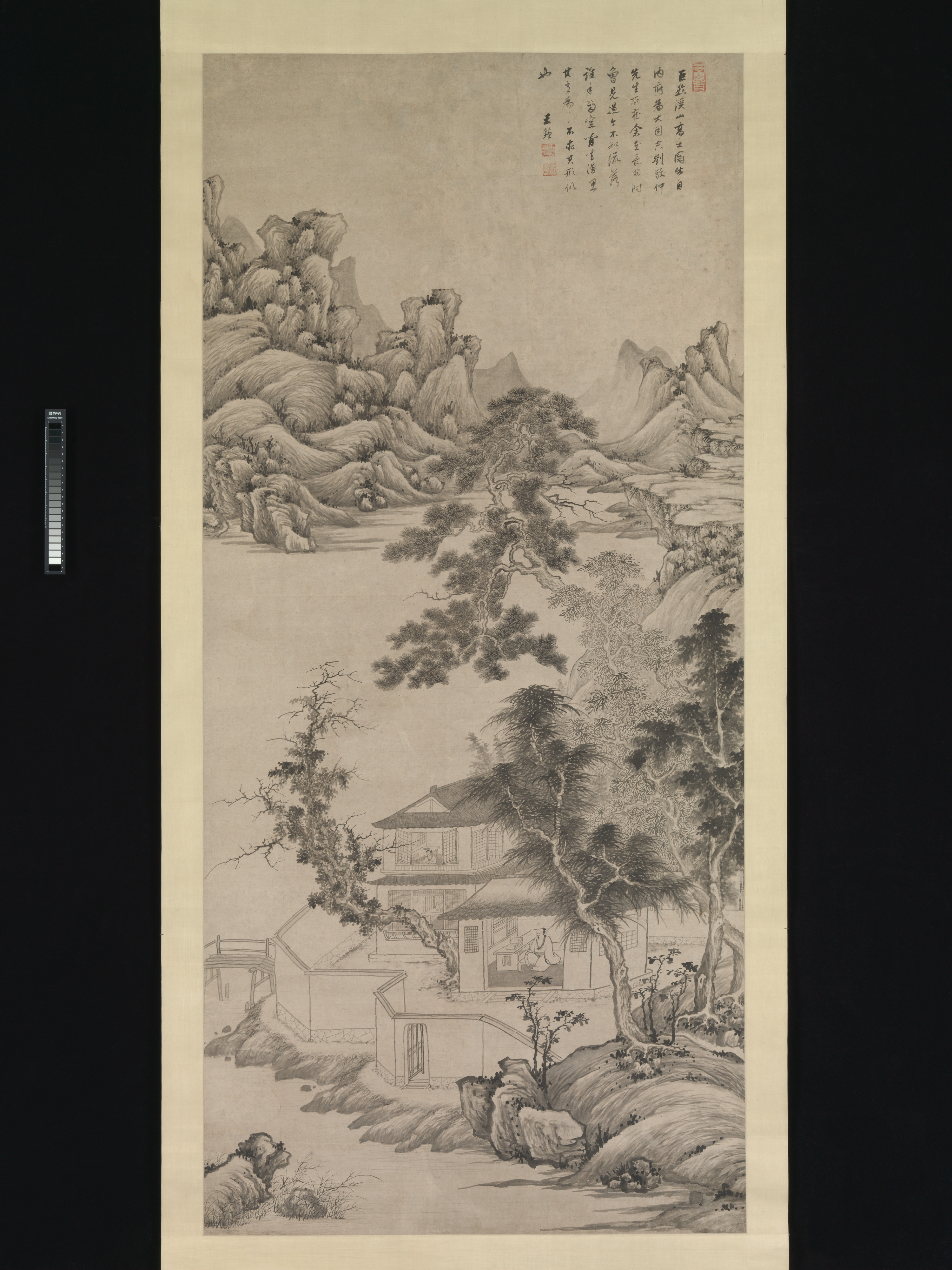 清朝の王建、寿蘭の「渓流と山の達人の絵」の模倣軸 |川と山の中の高尚な学者、ジュラン風