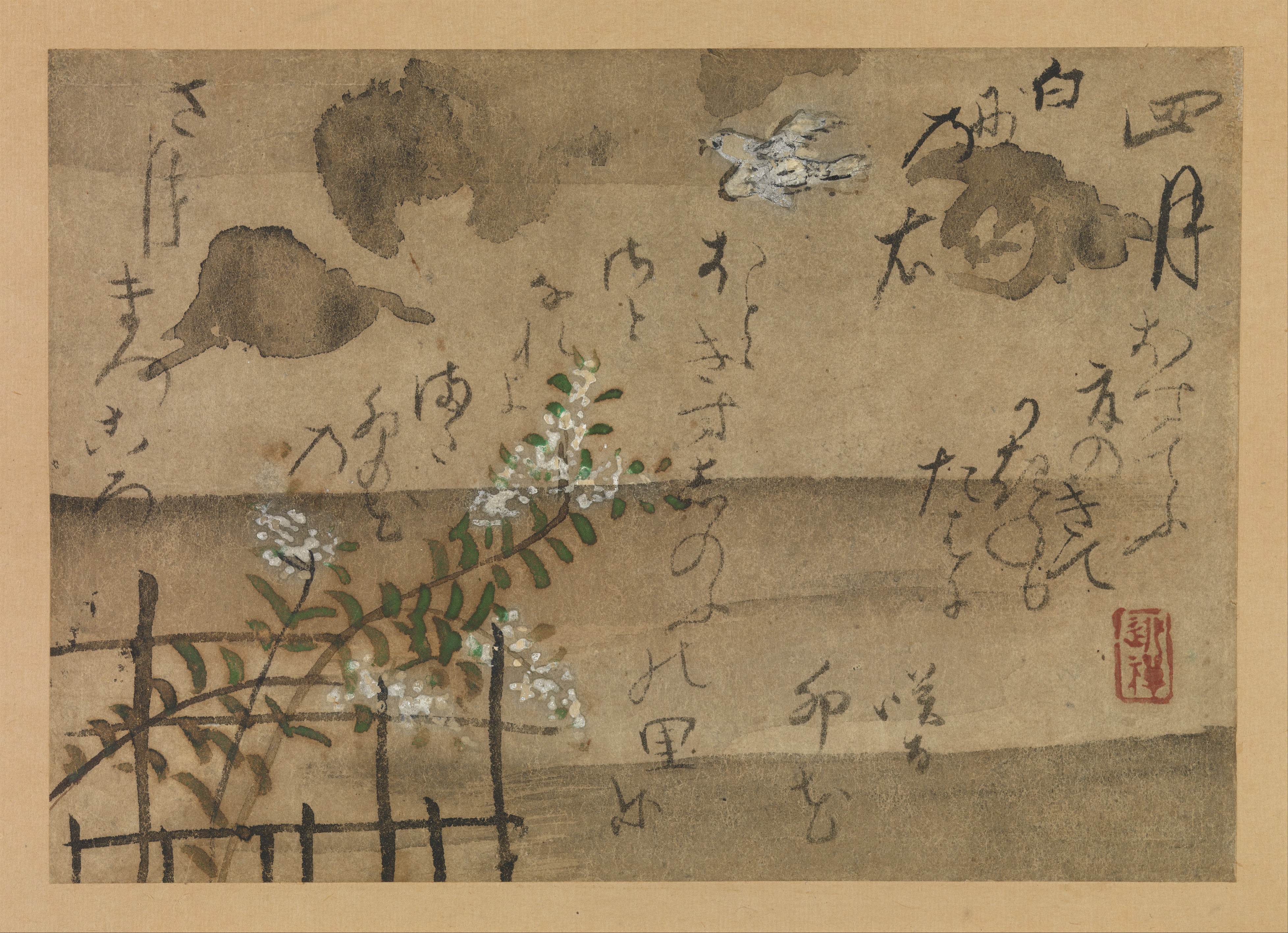 尾形乾山筆　定家詠十二ヶ月和歌 花鳥図　 『拾遺愚草』　より四月