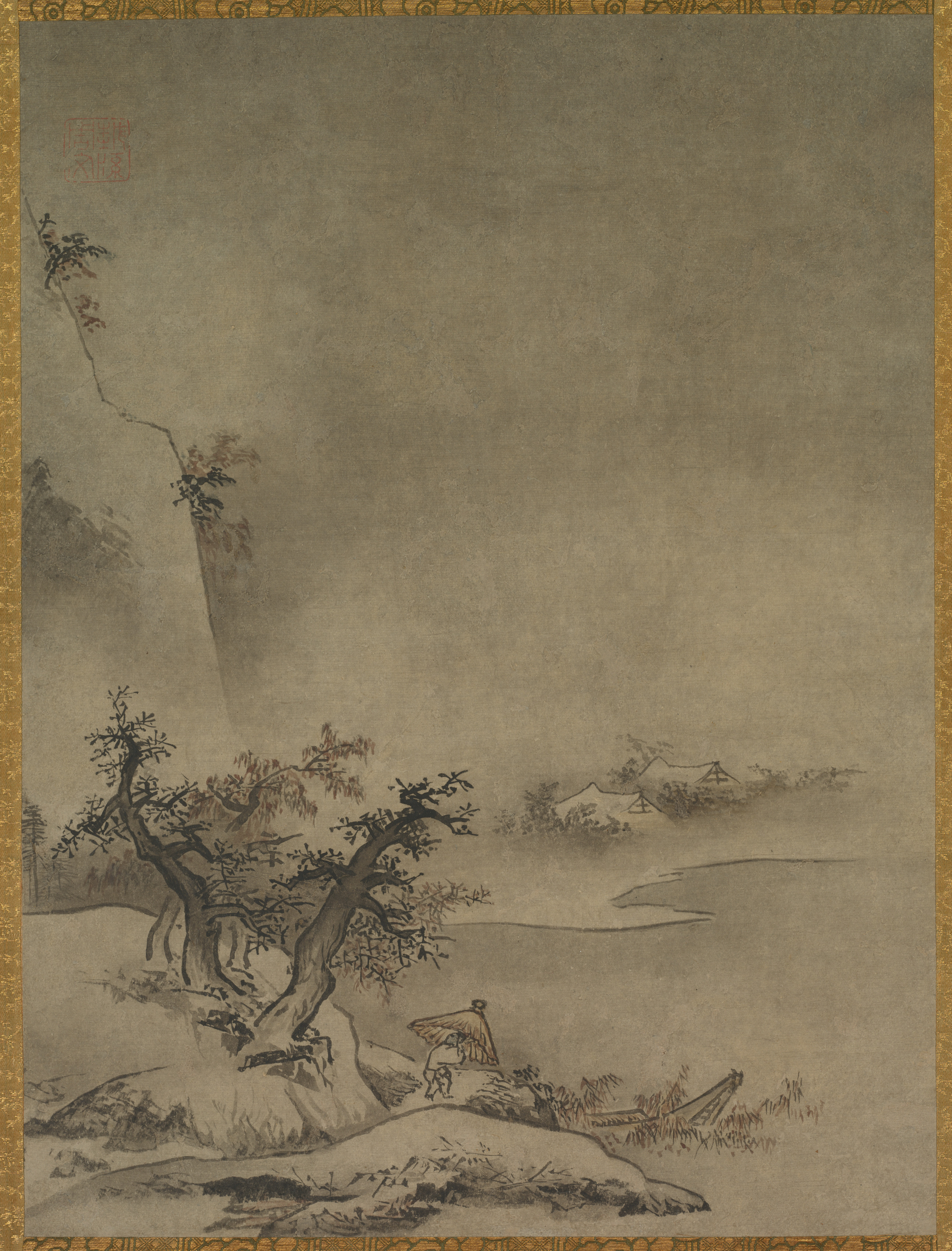 雨の中を歩く中国の従者