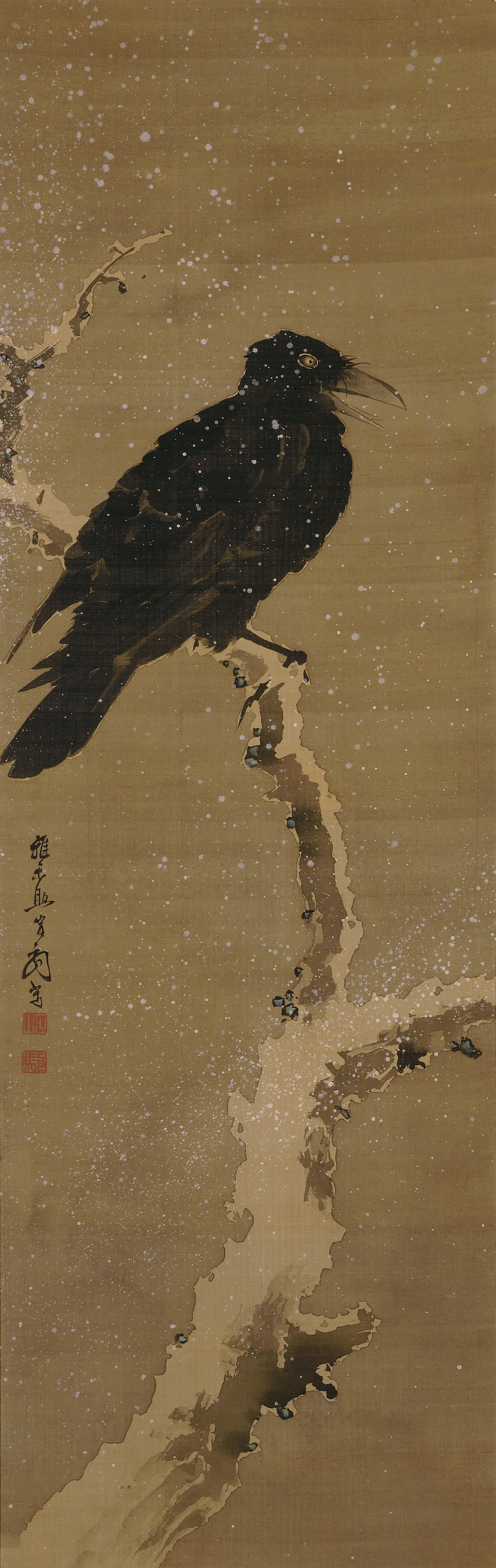 雪中の古木と烏