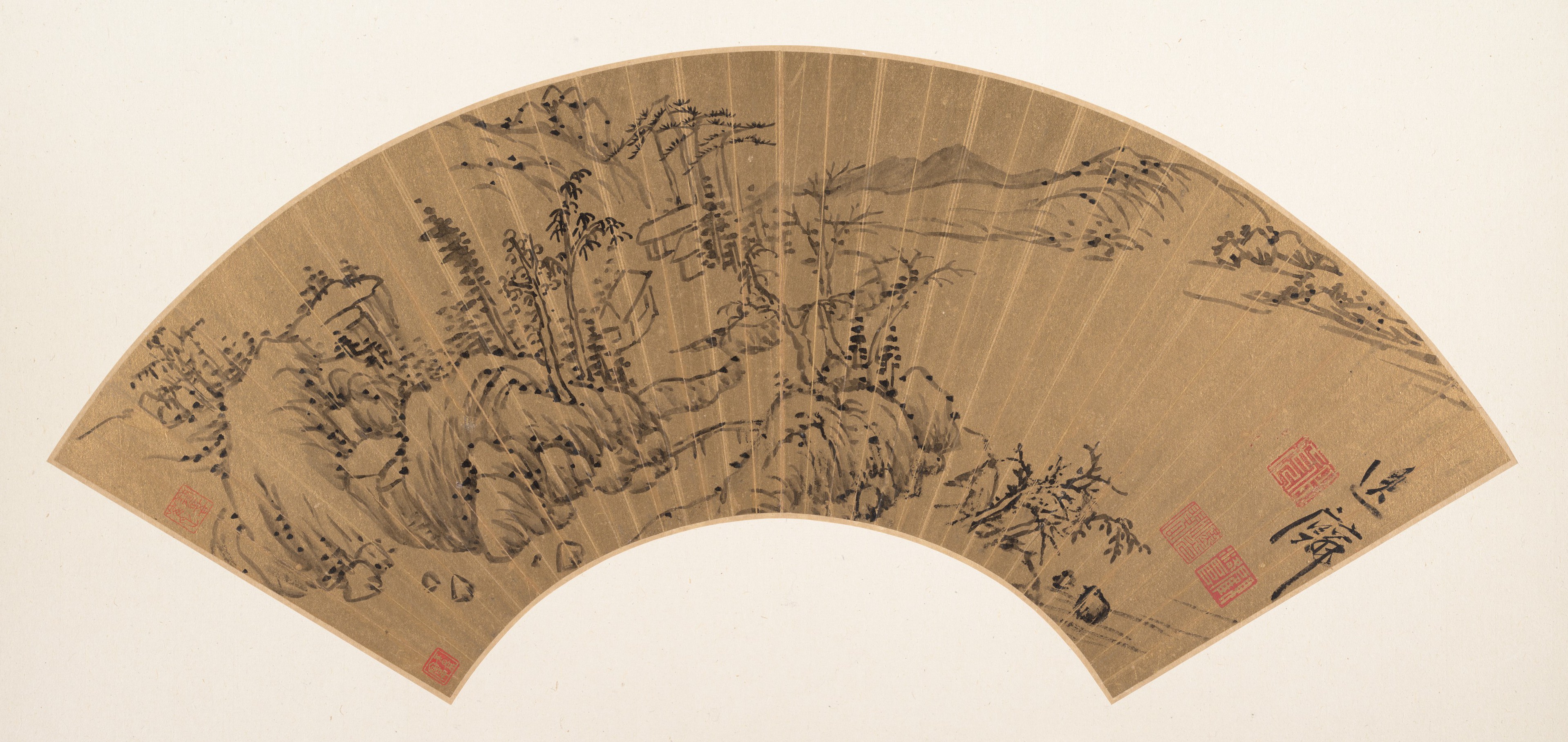 明代の鄒志林山水画扇子 | 明朝の鄒志林山水画扇子風景