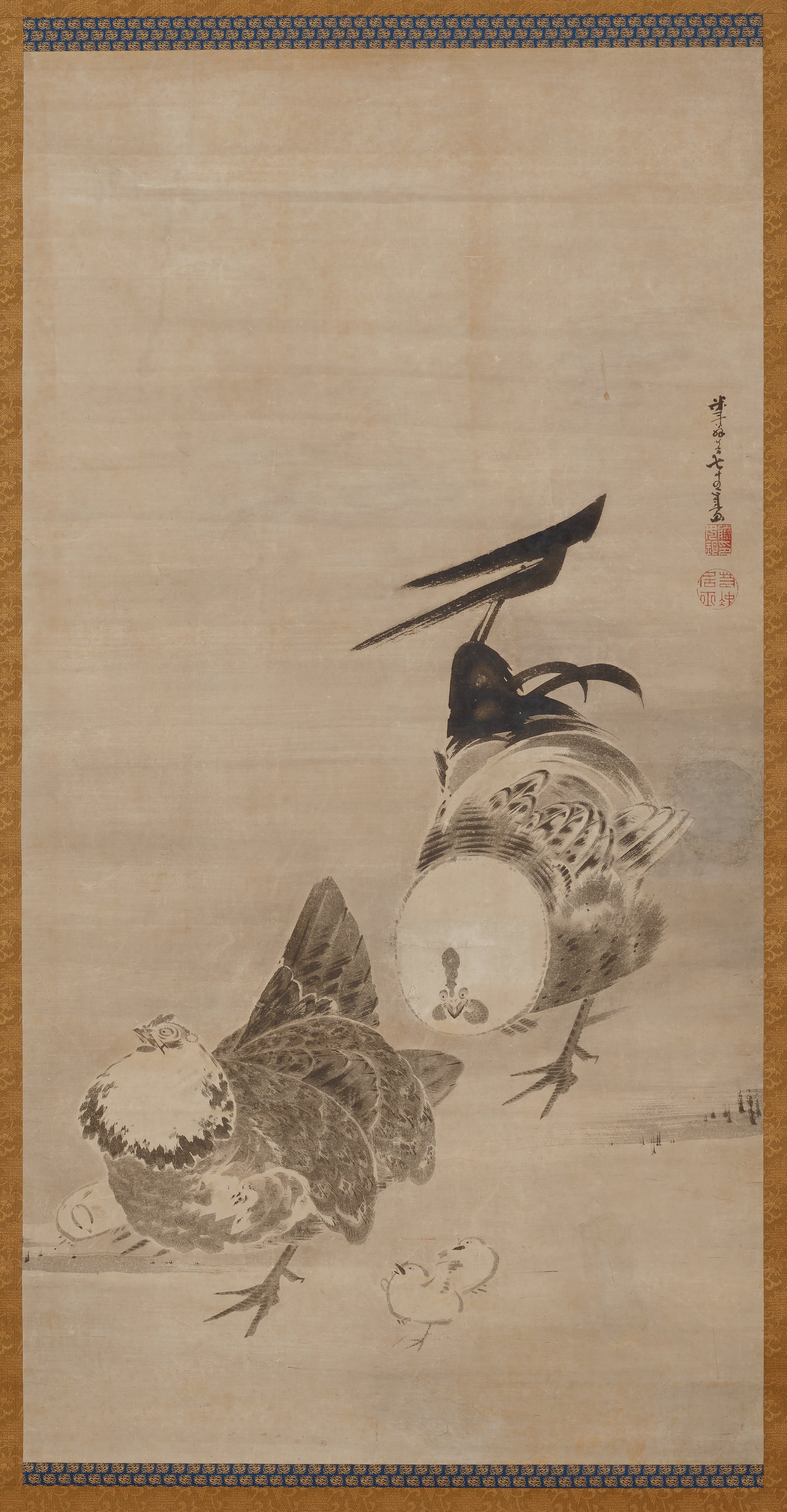雄鶏、雌鶏、雛（一対の右隻）