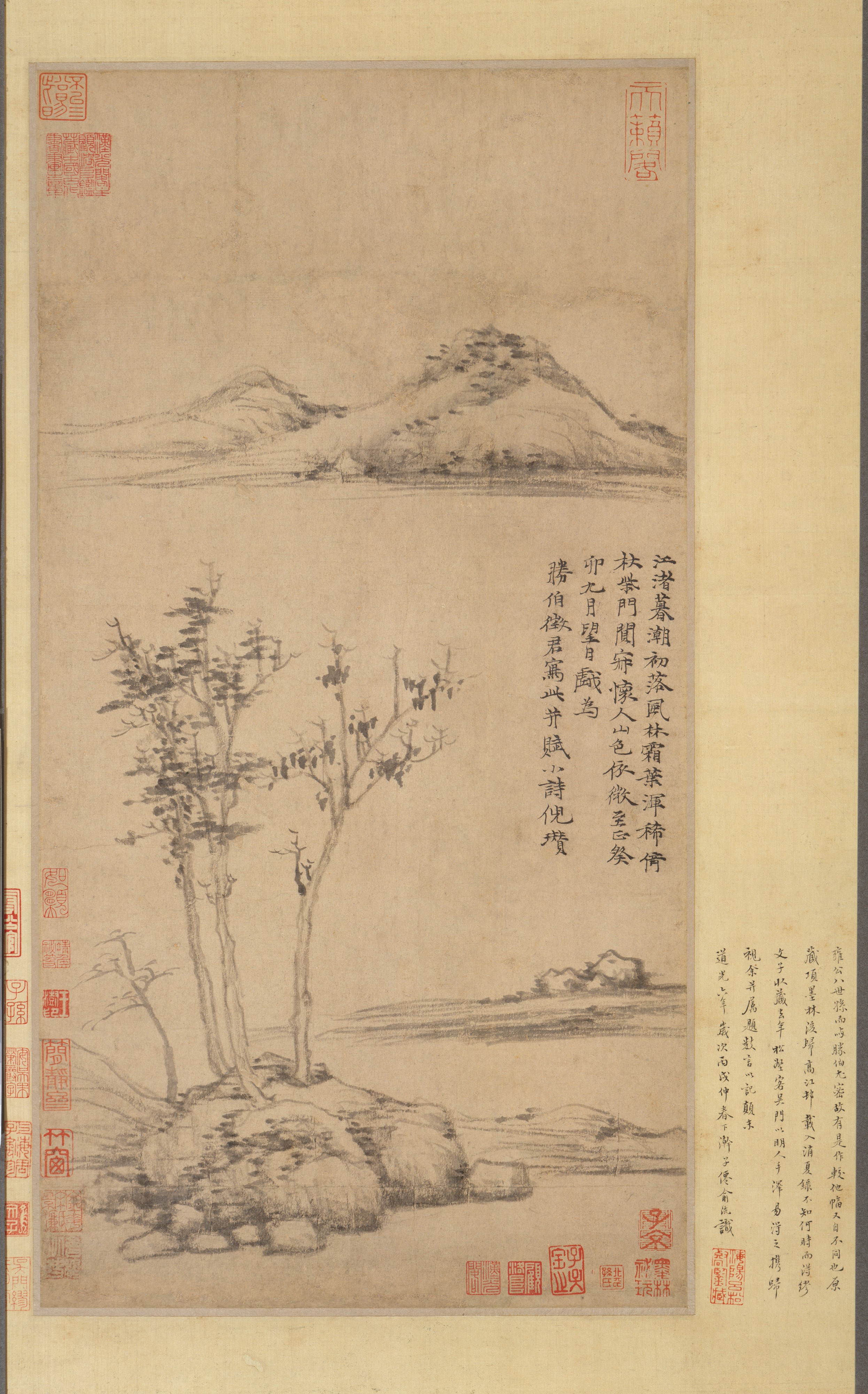 元代倪蔵江珠風と森の絵軸|川岸の木々の間の風