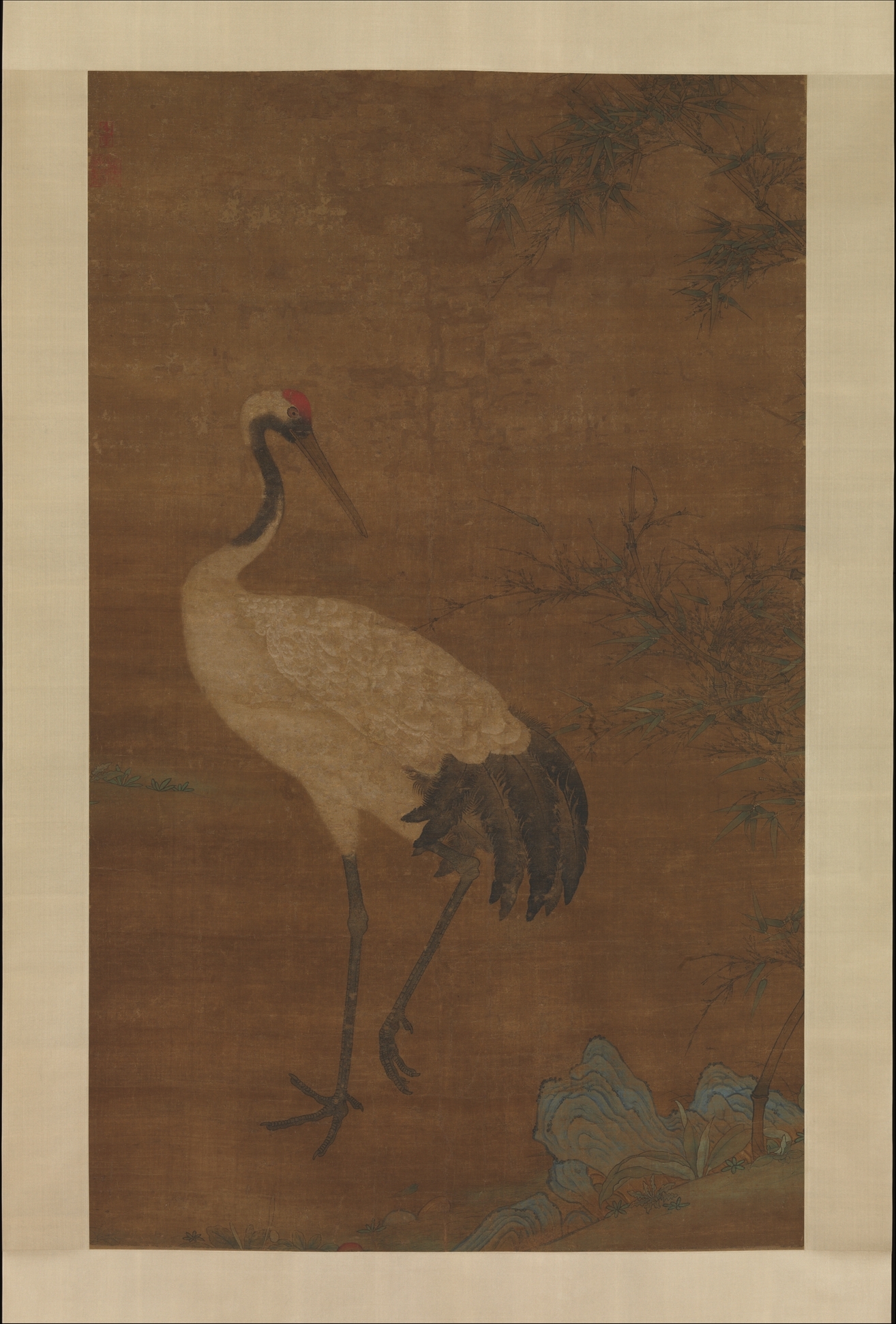 明代無名竹鶴二重明軸|竹林の鶴