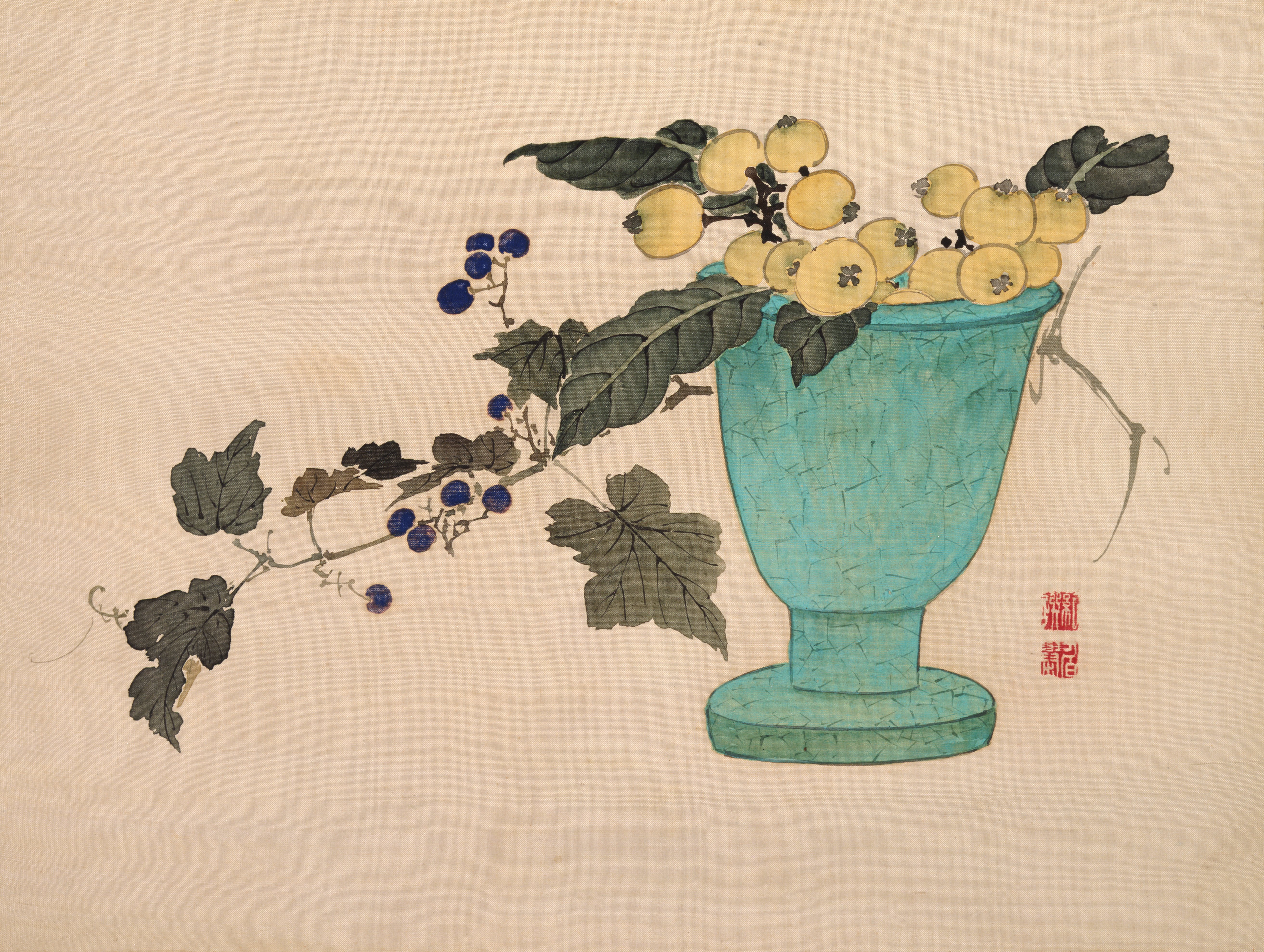 草花・魚・鳥の写生（枇杷と花瓶）