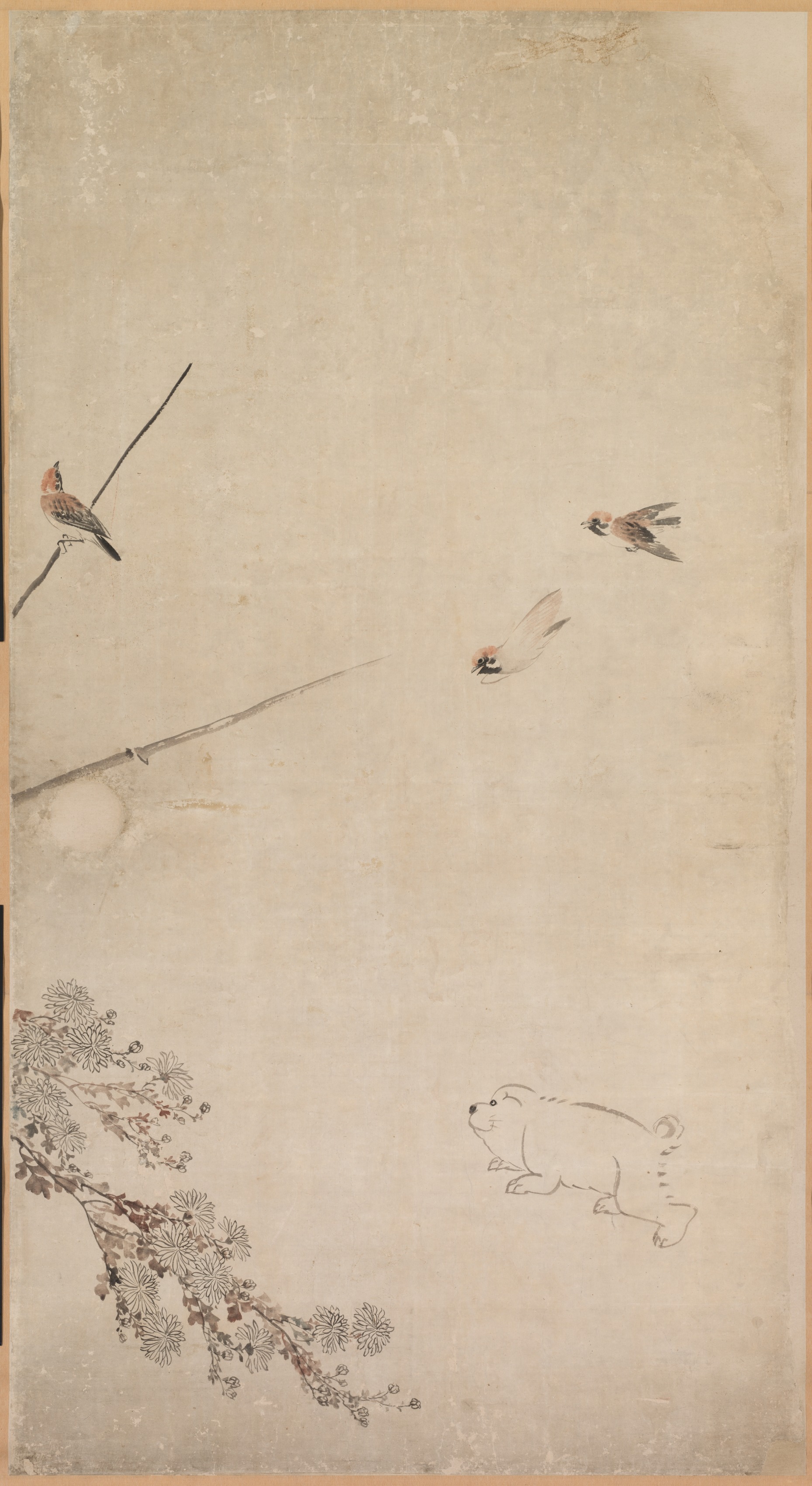 子犬と雀と菊