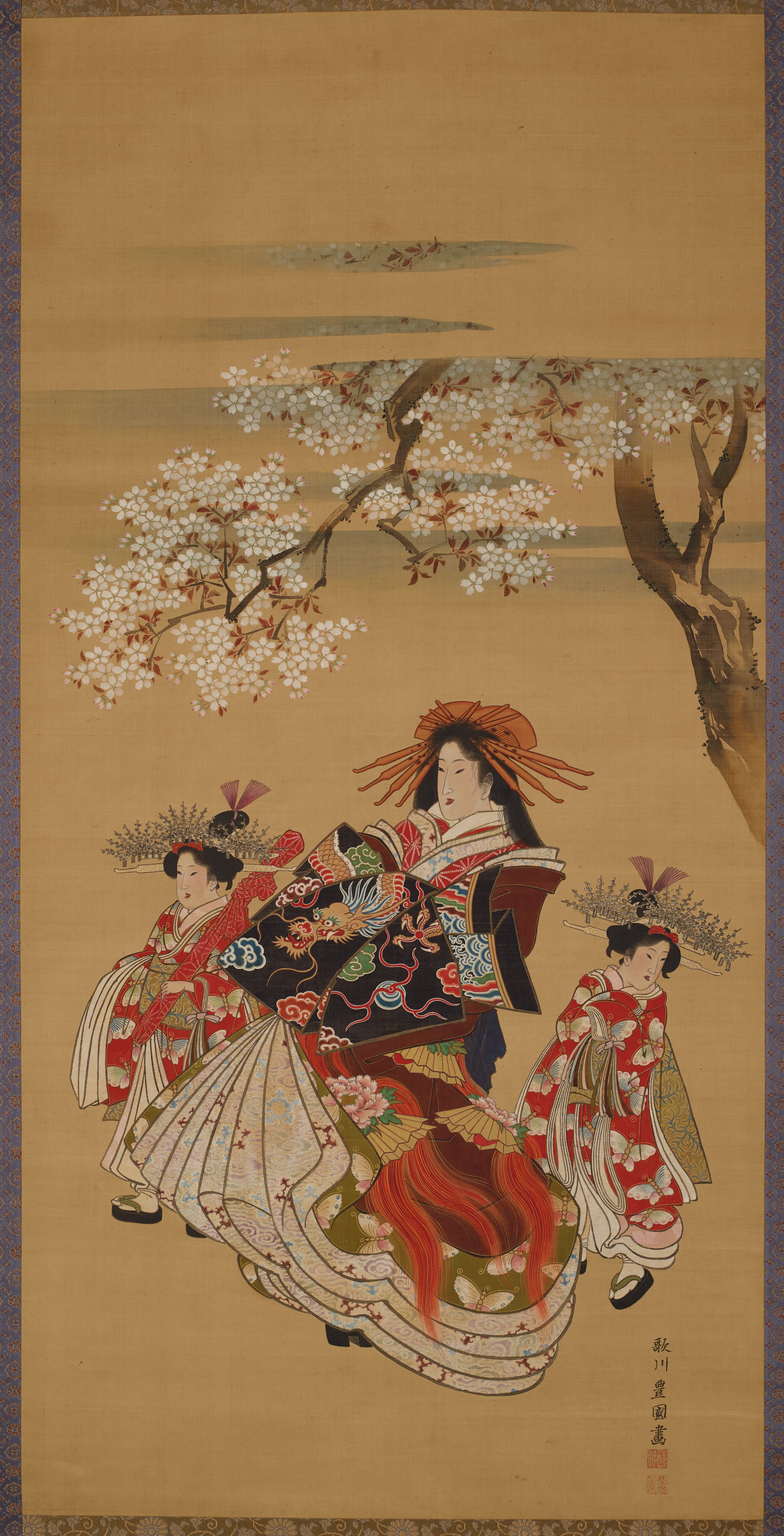 桜の下の遊女と二人の禿