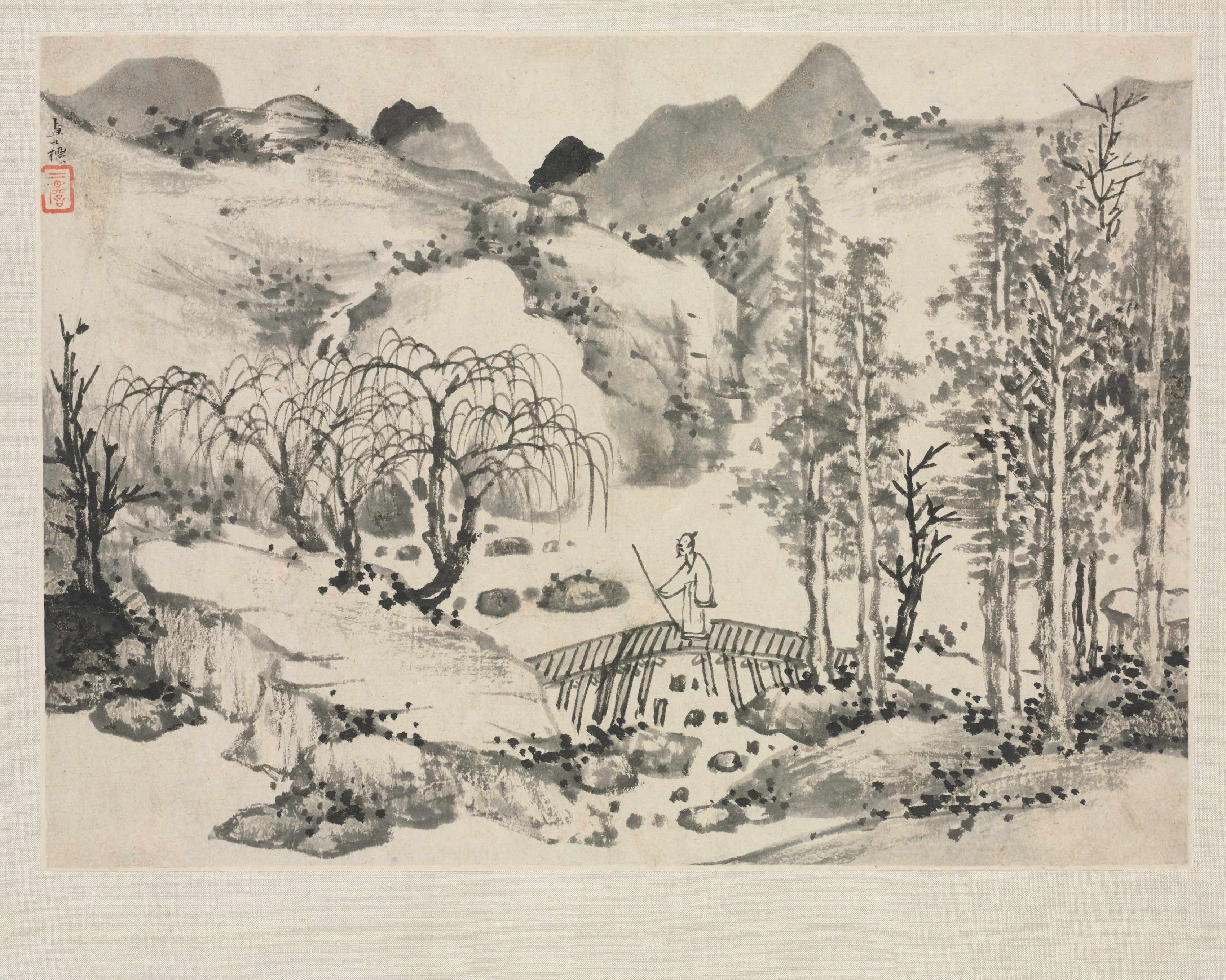 諸家倣古山水画冊：橋上の画家のいる山水