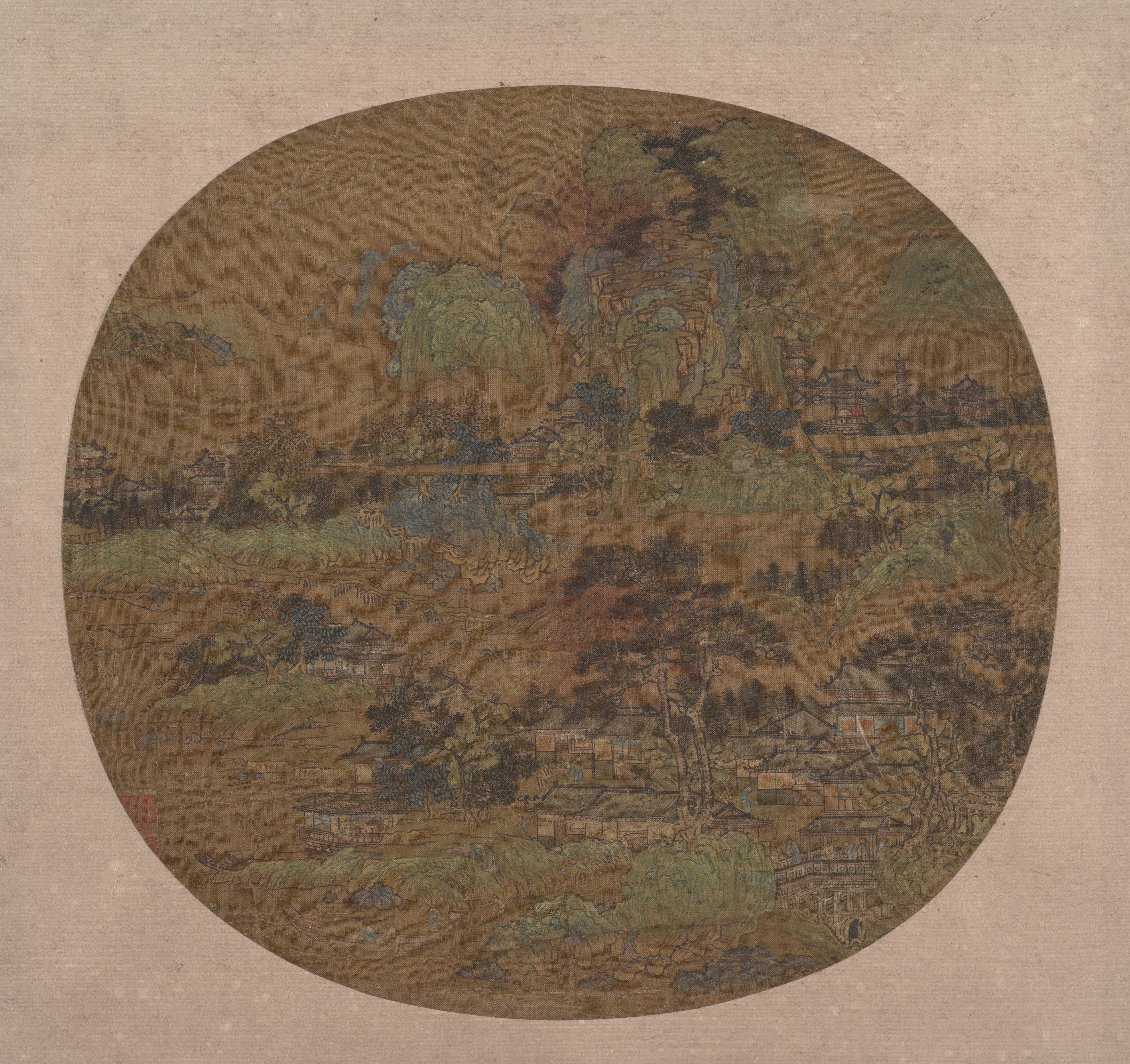 明代のパビリオンと川の扇状地の匿名の絵画 |江南の村と寺院
