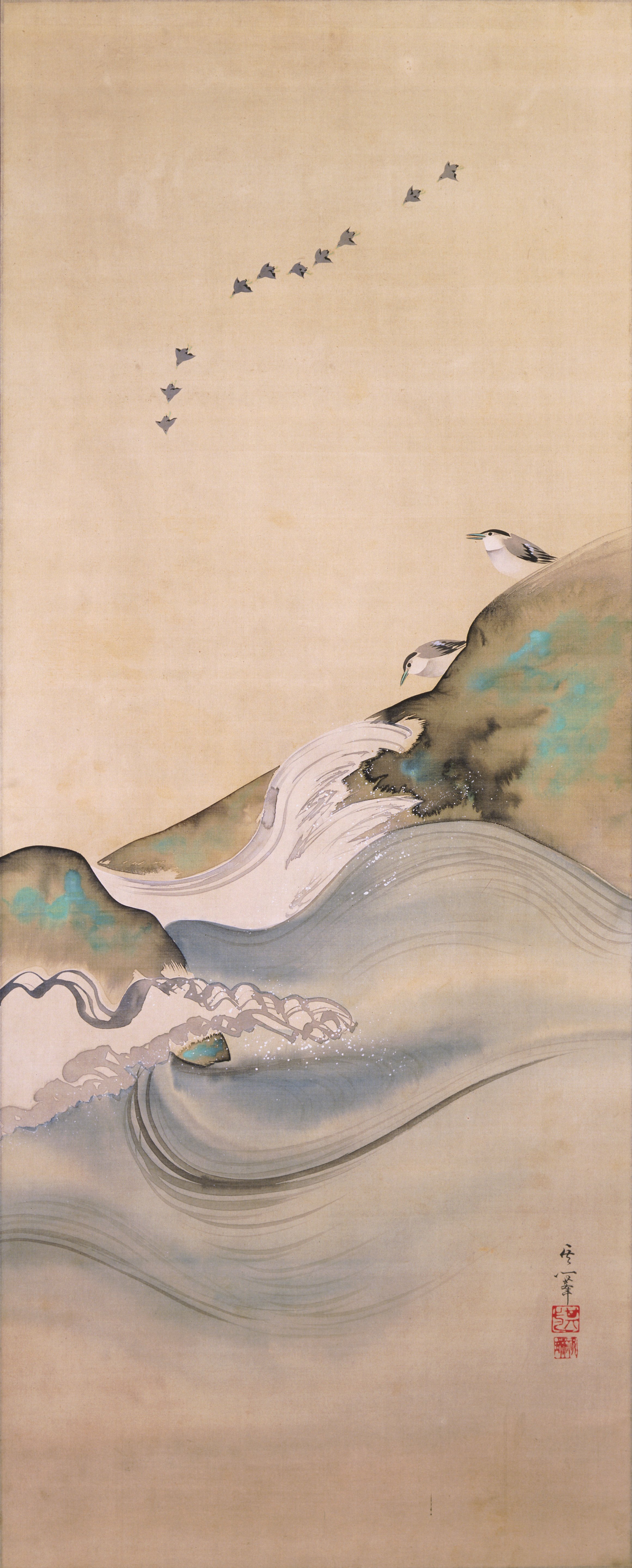 千鳥、岩、波