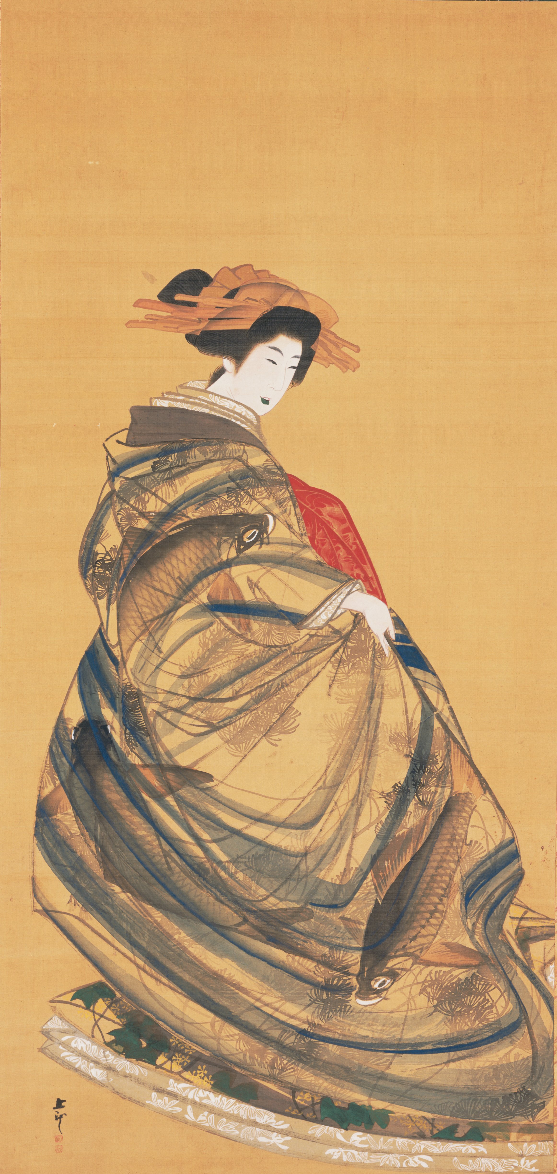 鯉文様の着物を着た美人