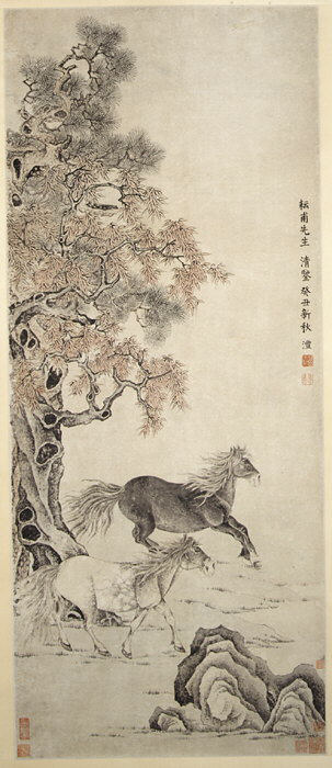 清代（模造品）銭峰二馬軸|二頭の馬