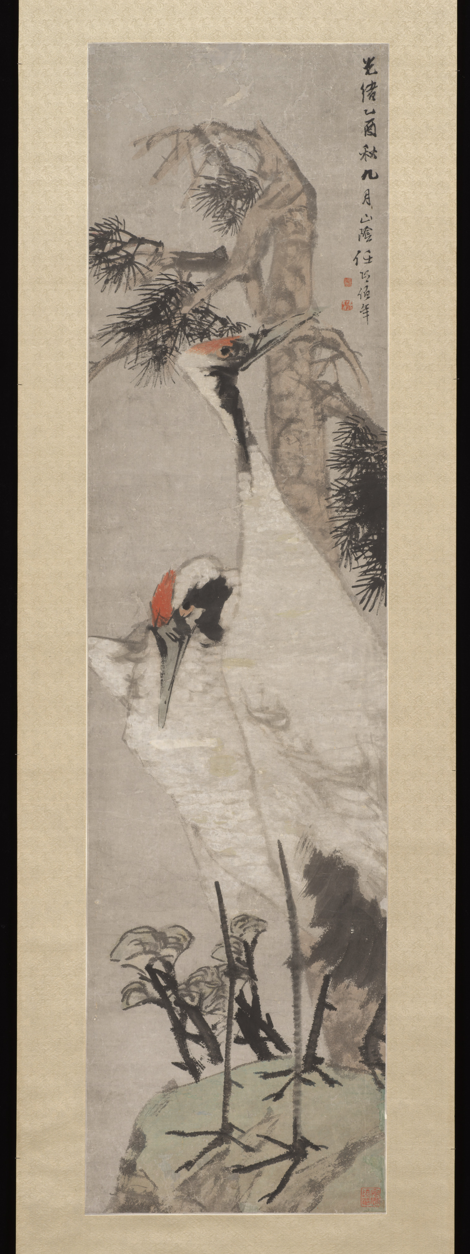 任儀、清朝、松と鶴の絵軸 |鶴、松、地衣類