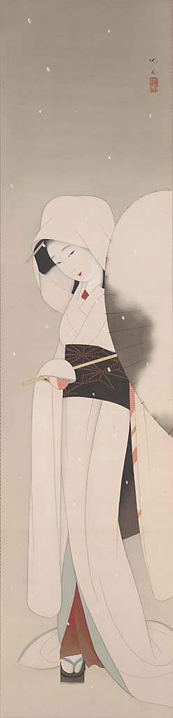 降る雪の中で傘をさす女