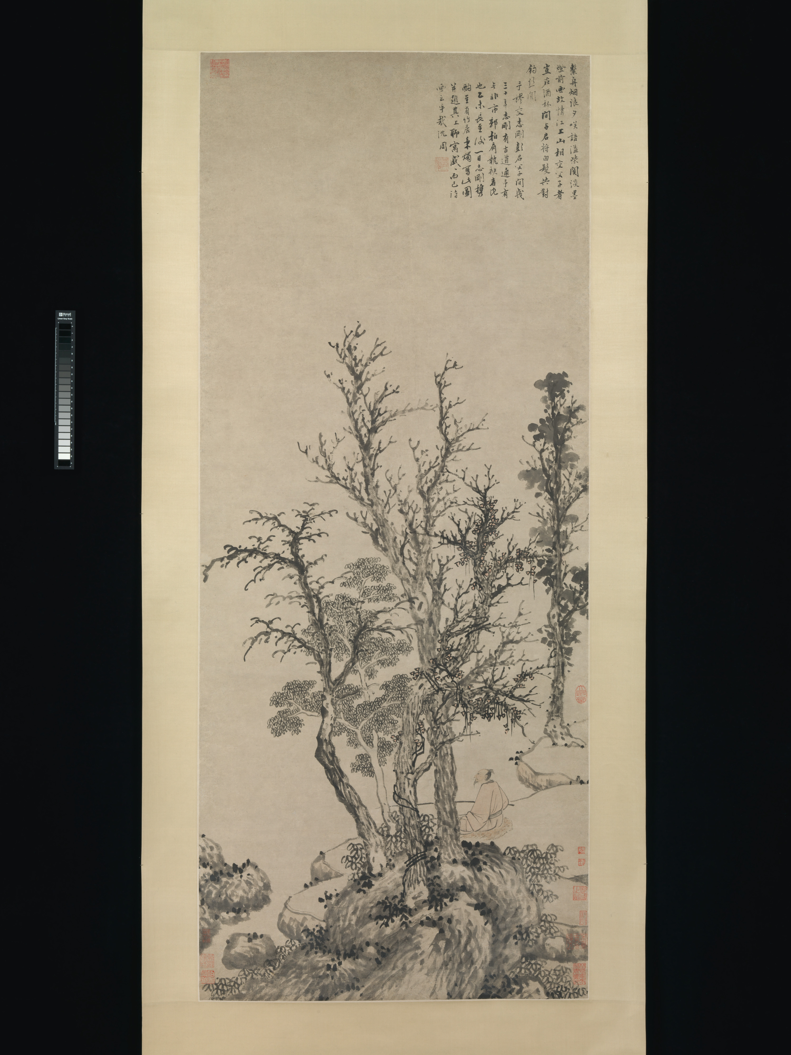 明代の沈周秋の森軸での釣り |秋の森の中で物言わぬ漁師