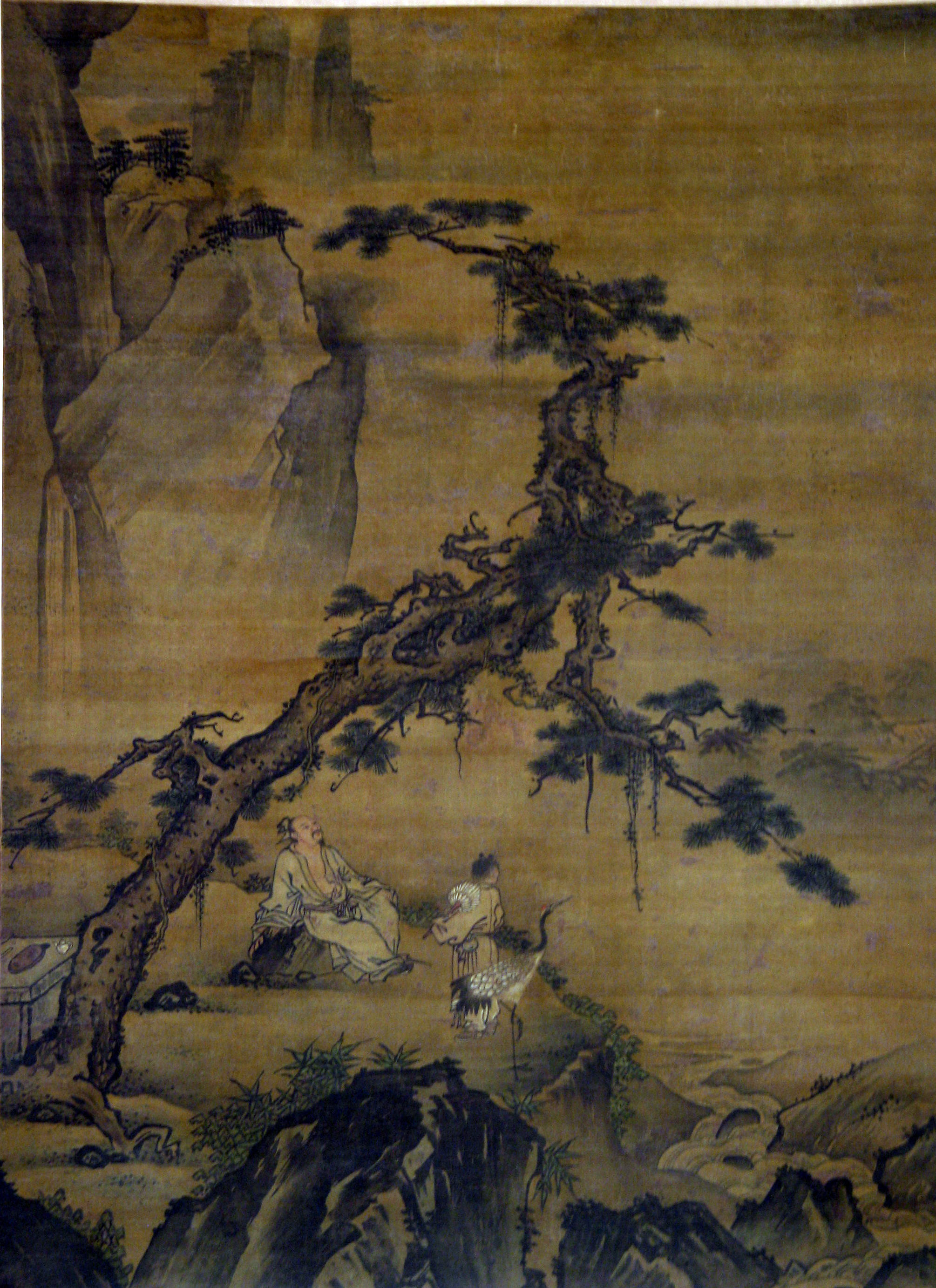 明代匿名松鶴図軸|山荘の学者と従者