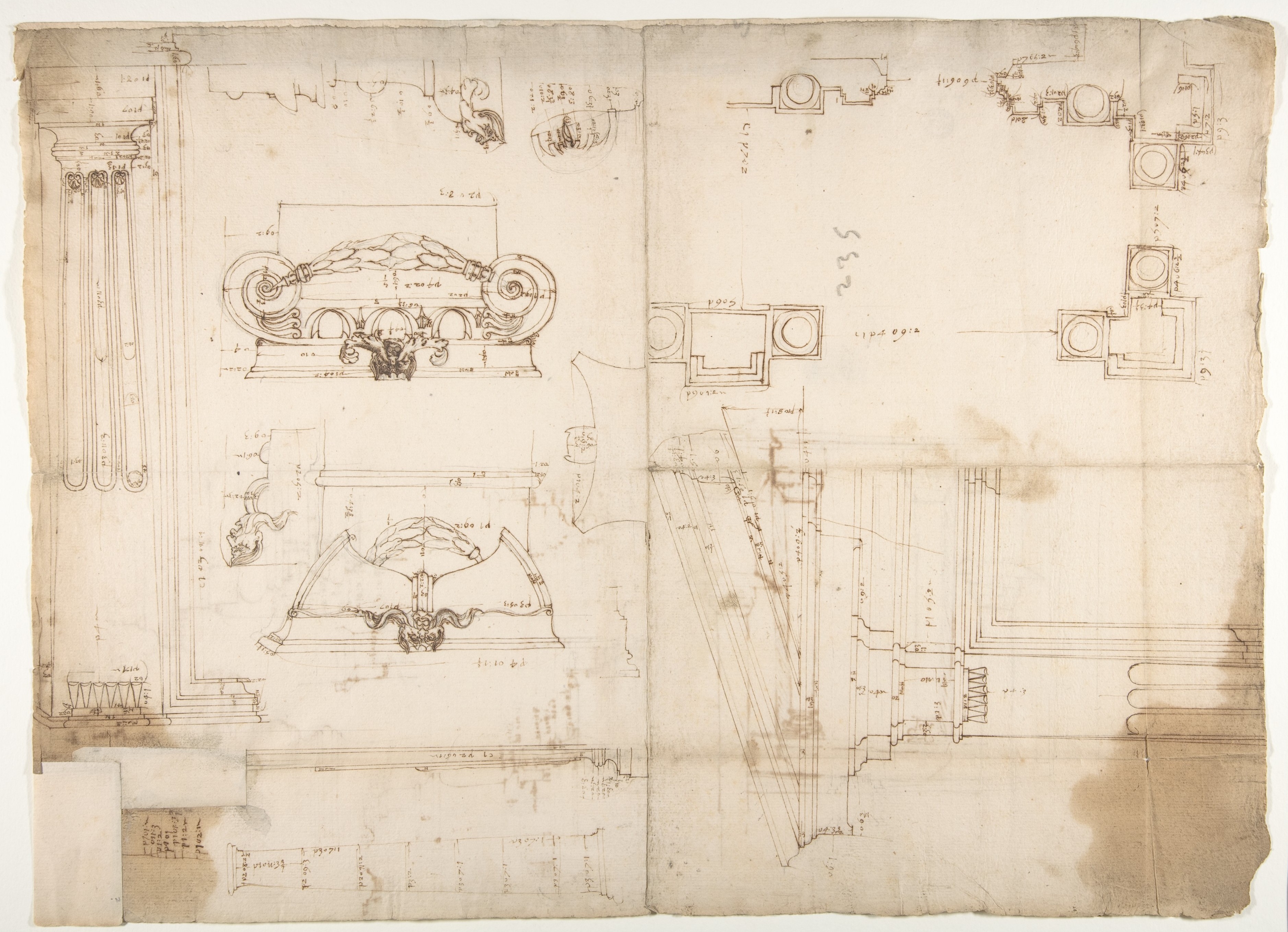 Palazzo dei Conservatori、柱廊玄関、平面図。ポータル、立面図；詳細、立面図 （表） Palazzo dei Conservatori、柱廊玄関、立面図。詳細、プロフィール（裏面）