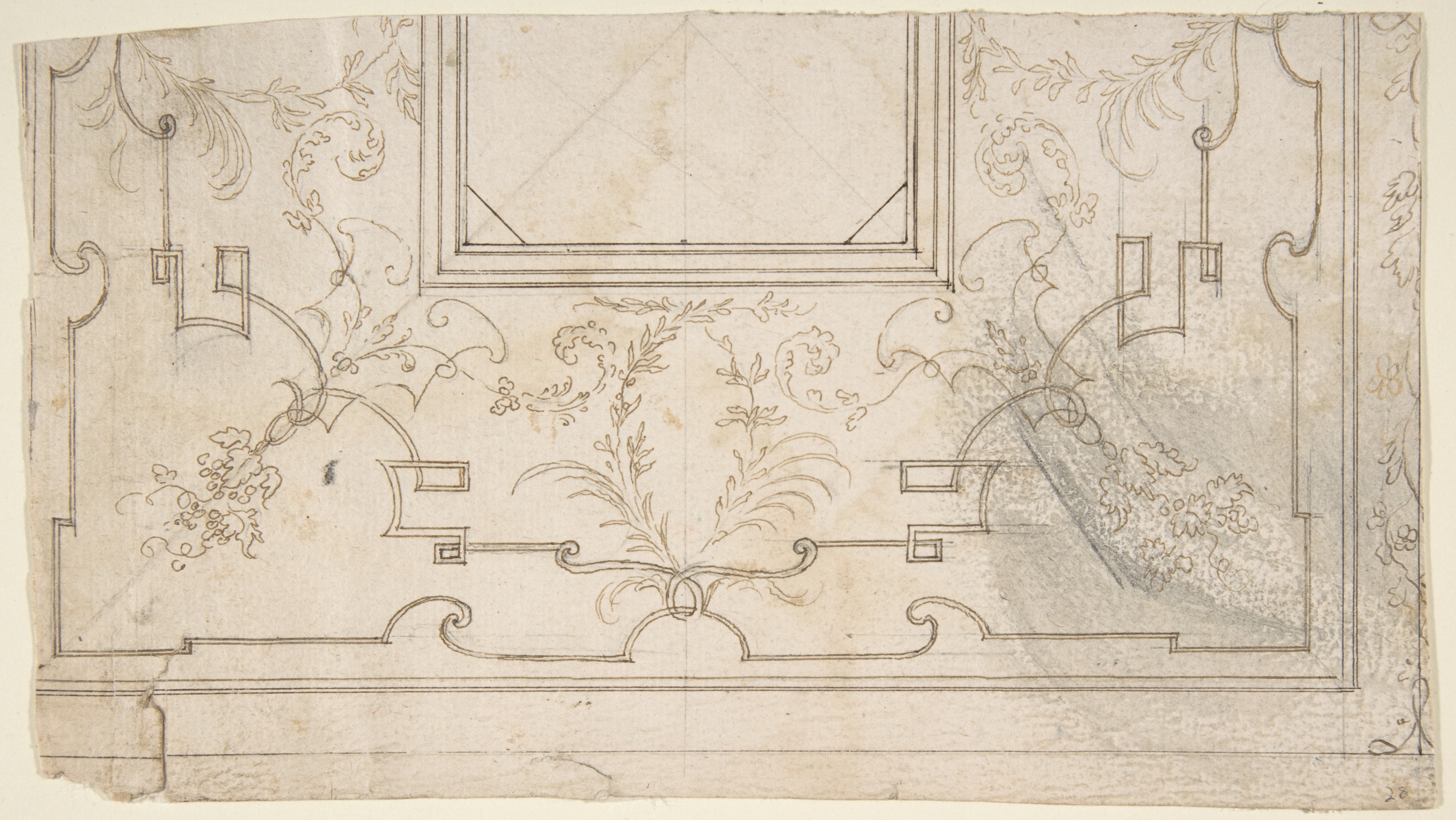 One Half Design for a Ceiling with Floral and Strapwork Motifs（表）；軽い落書き（裏）。