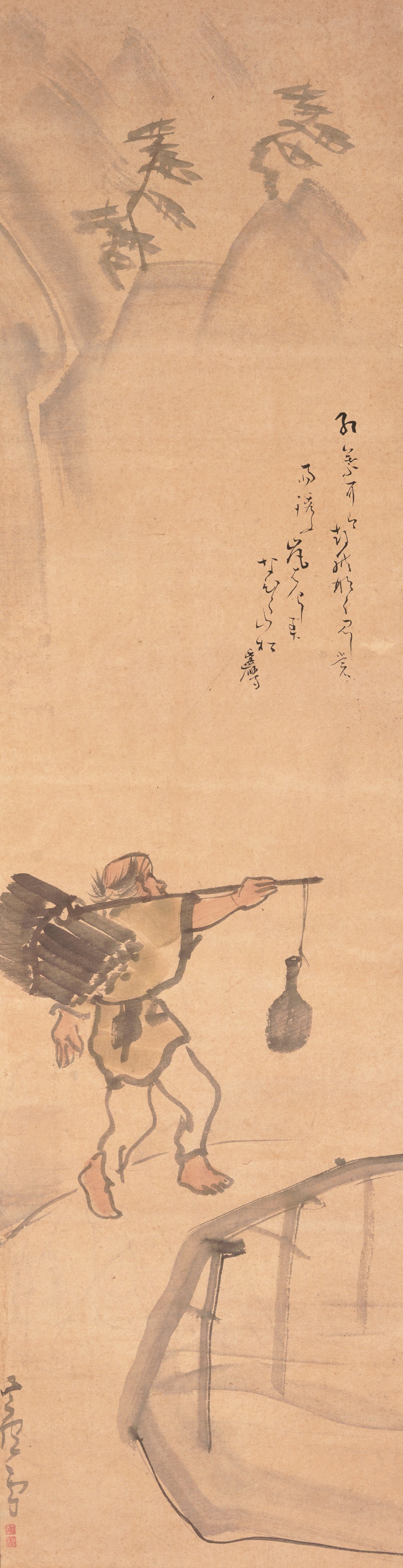 雨中の橋を渡る樵