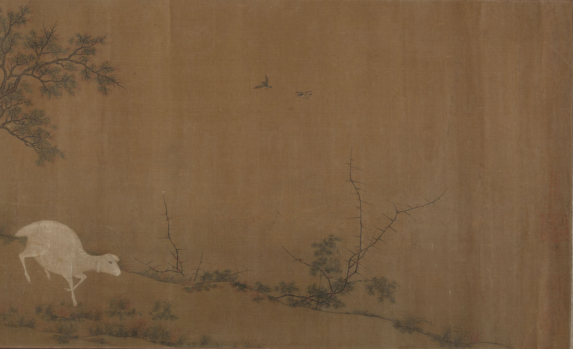 清代 無名羊絵巻 絹本墨彩|山羊のある風景