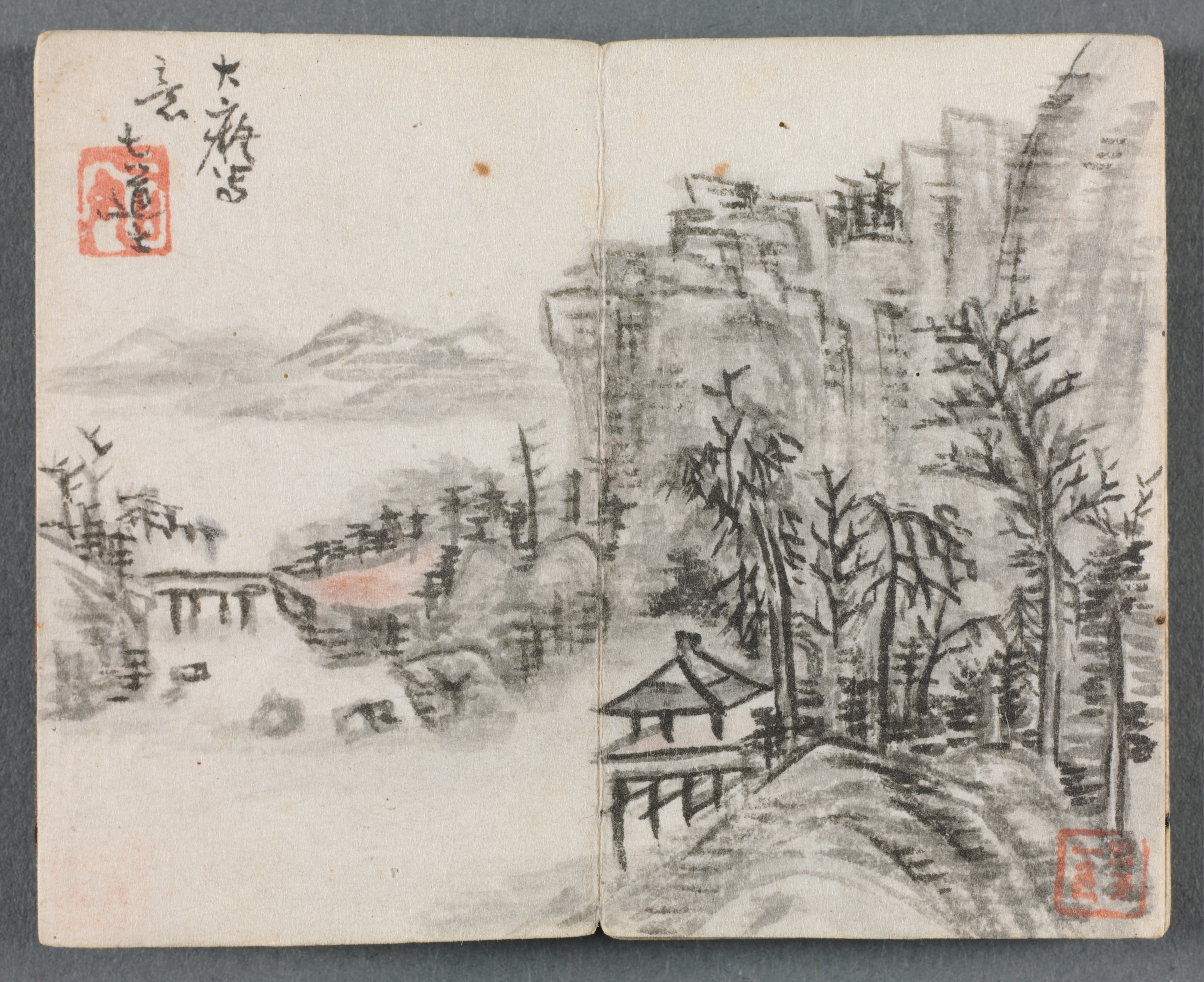 人物山水小画帖（橋のある崖の山水）