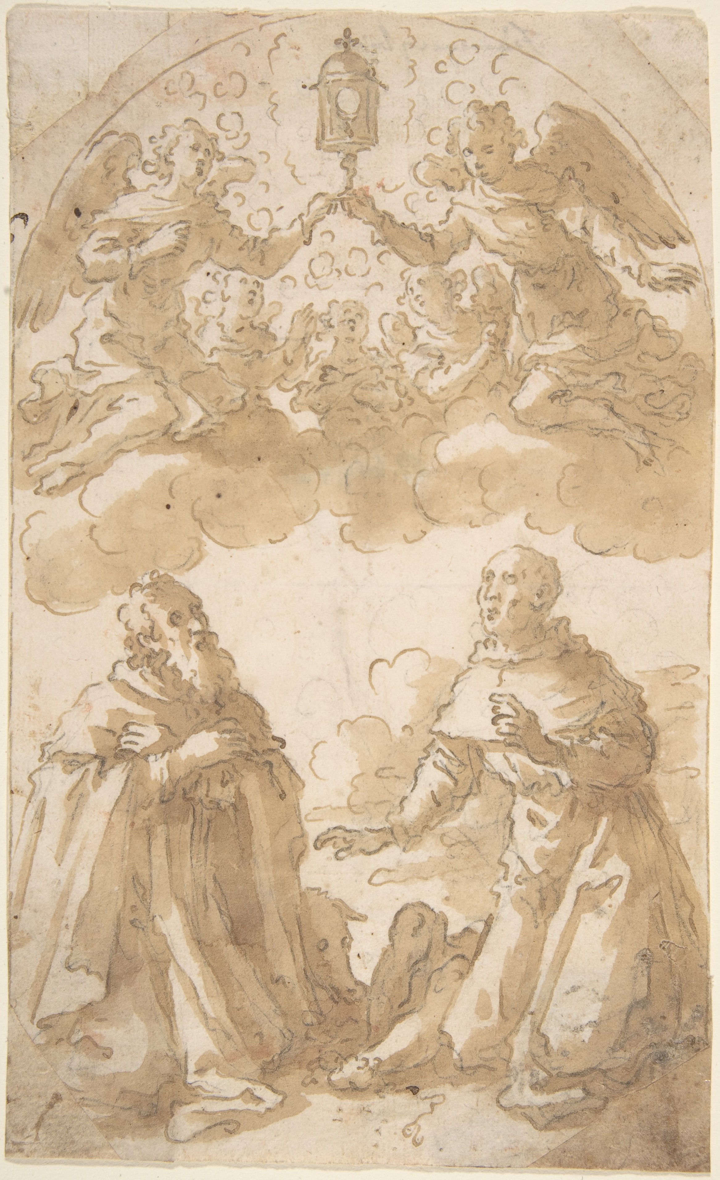 聖遺物箱を持った天使とひざまずく 2 人の男性の聖人。