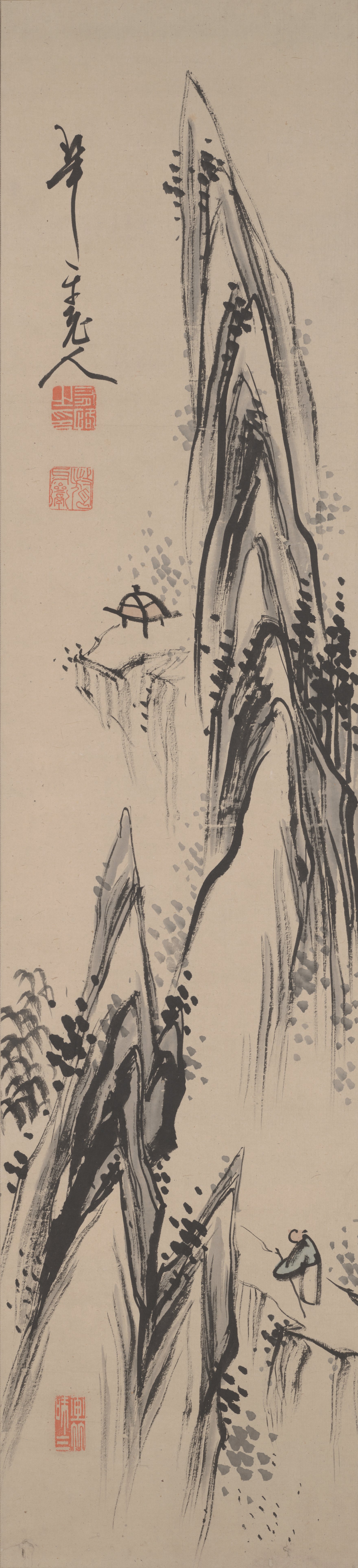 文人と無人の亭のある山水