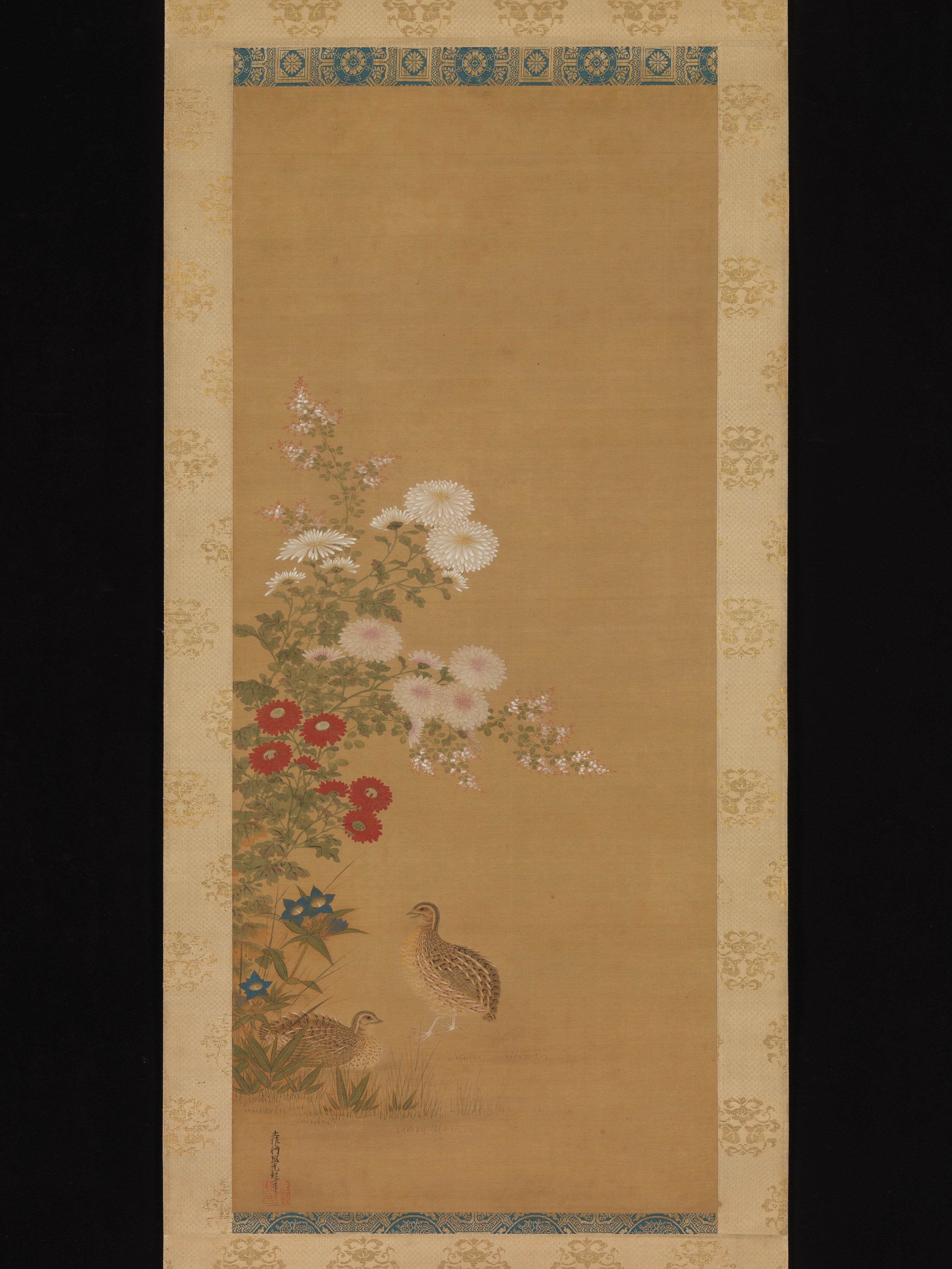 秋の花に鶉図