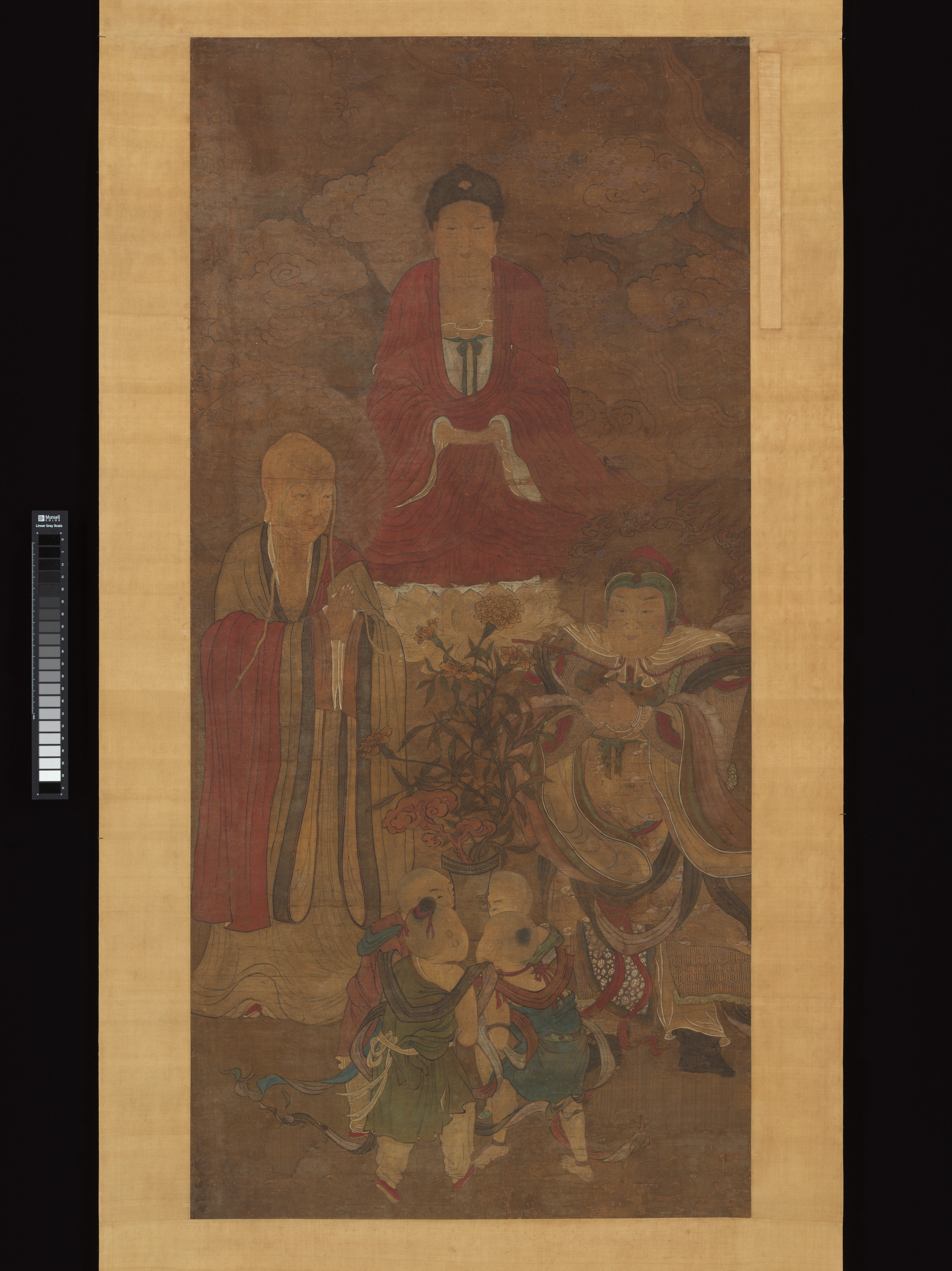 明代匿名仏陀儀式軸|釈迦牟尼と羅漢、天王、少年たち