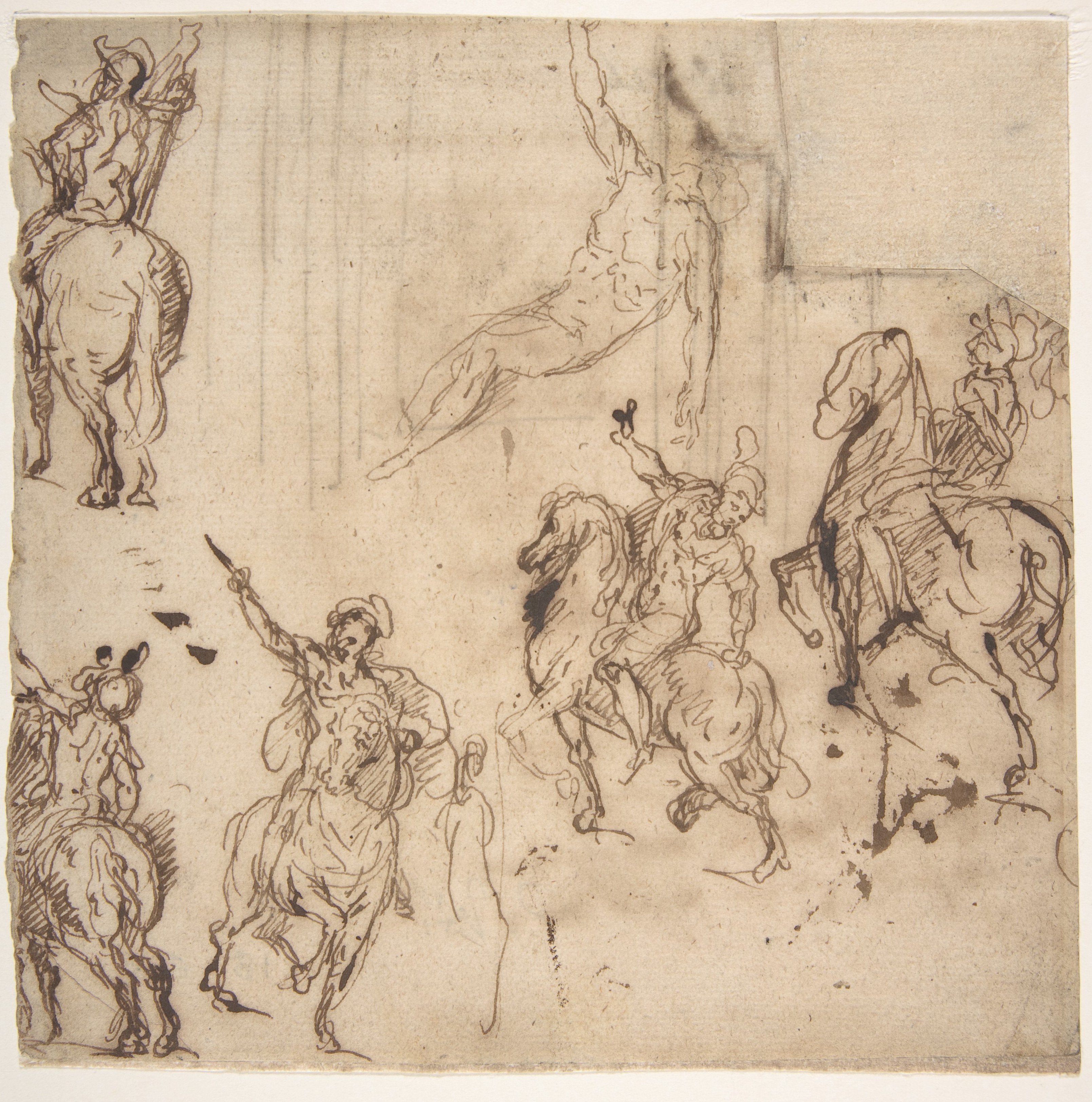 Studies of Horsemen and Study of a Figure for a Deposition（表）；エンタブラチュアのスケッチ（裏）