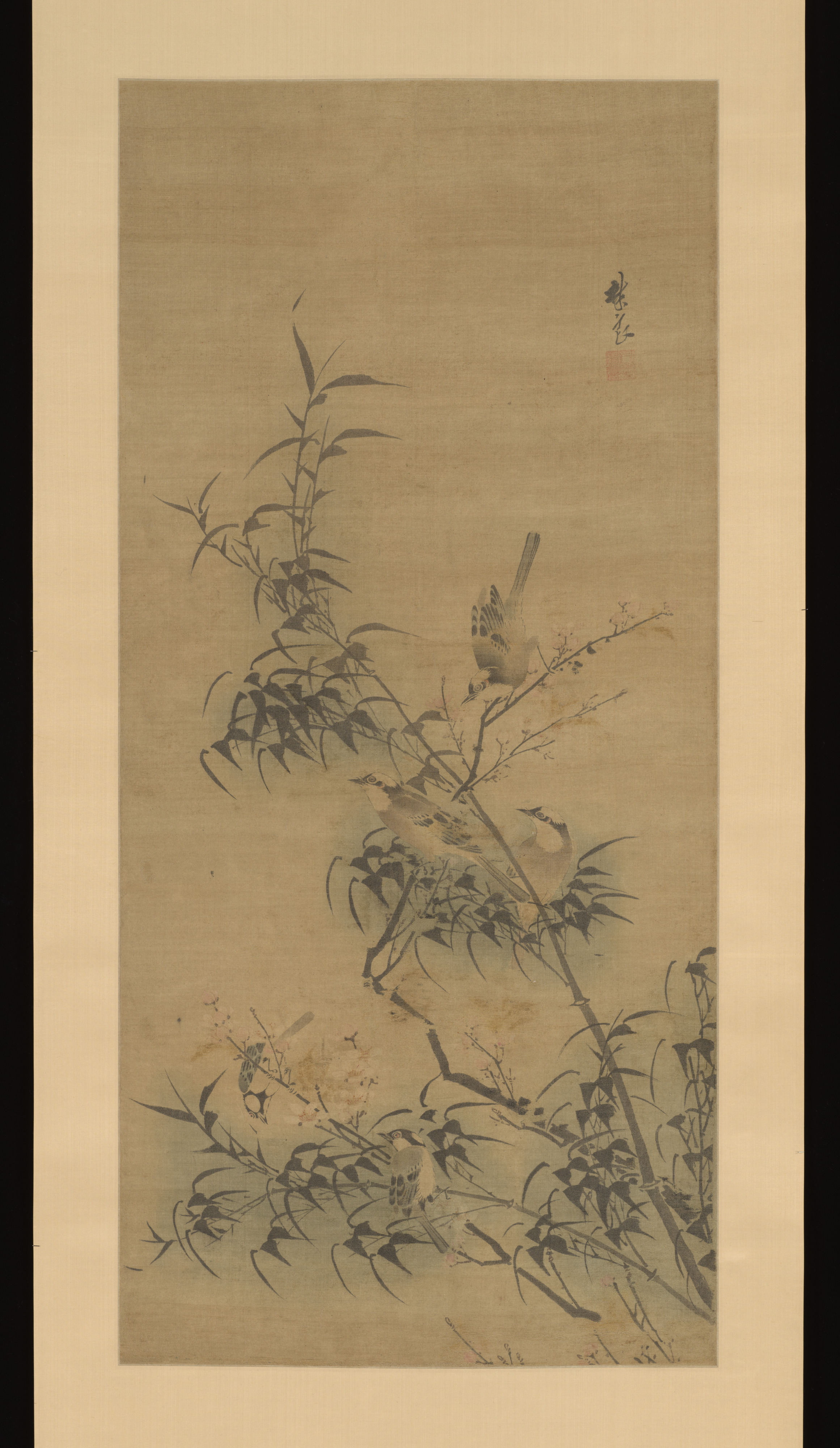 明代の匿名。リン・リャンの後。梅の花に満足。軸 |梅と竹の咲く鳥たち