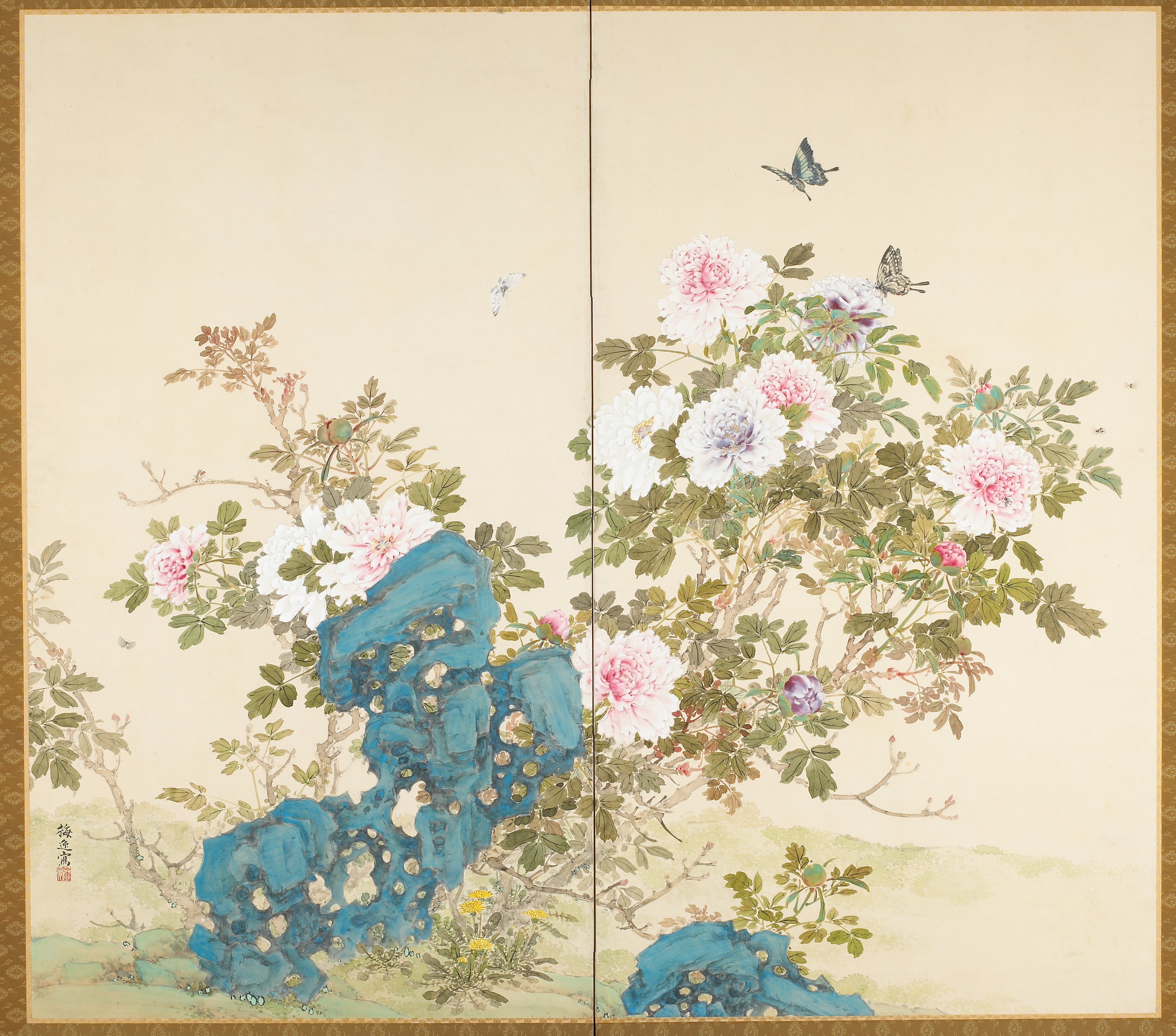 春（「春秋花卉虫図」一対の左隻）