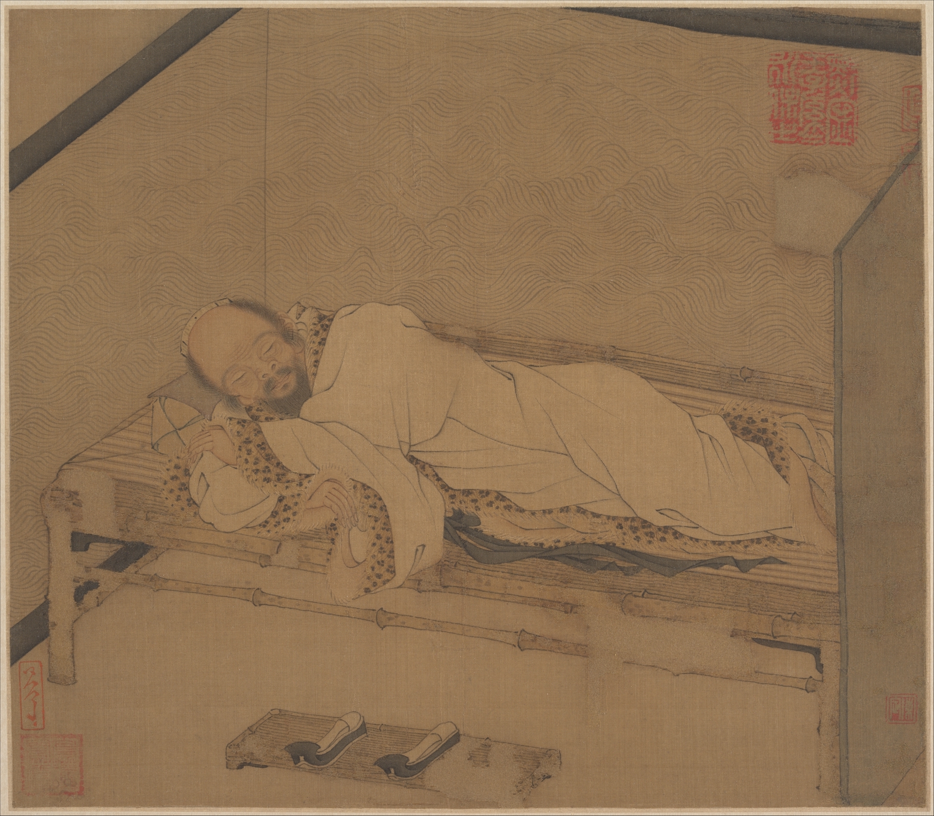 元/明時代の匿名の竹ソファで休むアルバム |竹製のソファで寝ている男性